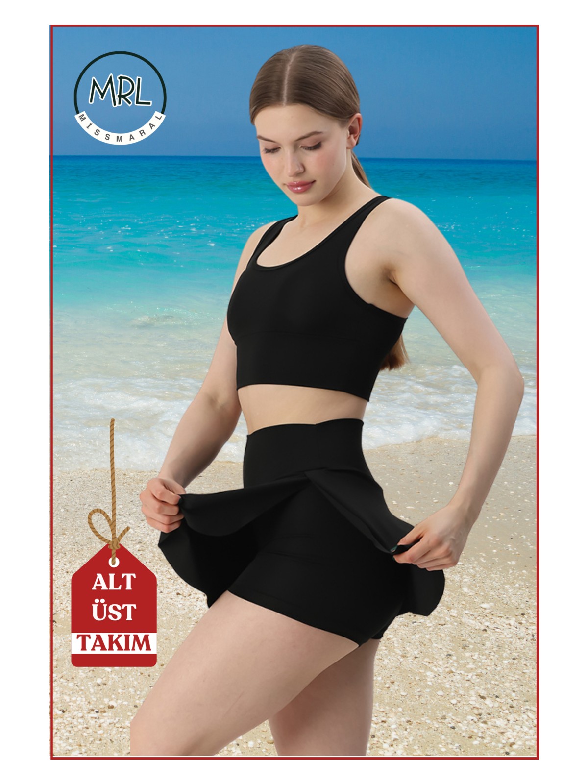 Miss Maral Kadın Siyah Alt-Üst Takım Şort & Sabit Pedli Üst Crop Denizde Havuzda Sporda Swimsuit TAKIM33107