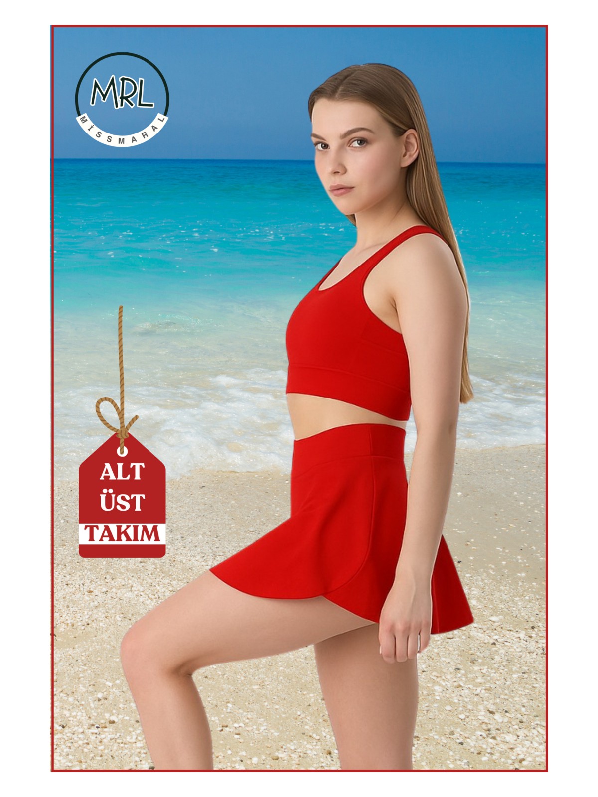 Miss Maral Kadın Alt-Üst Takım Şort & Sabit Pedli Üst Crop Denizde Havuzda Sporda Swimsuit Mavi Takım 3107 - Görsel 6