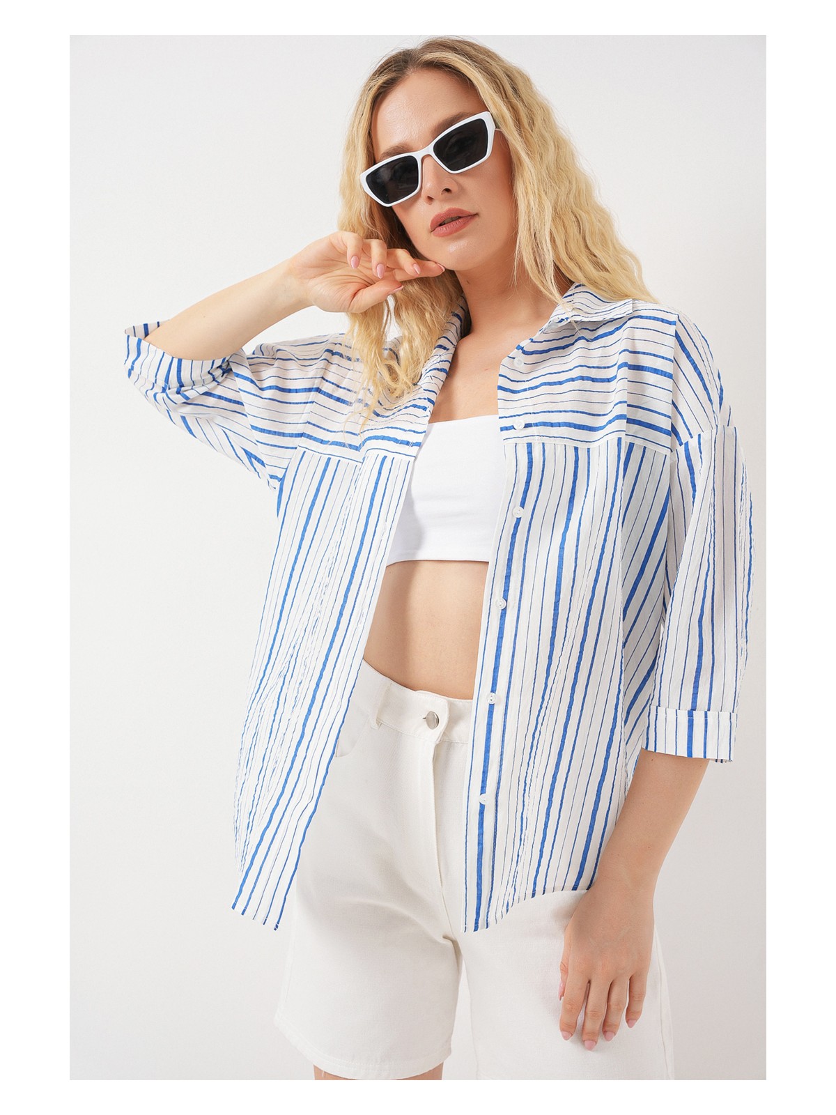Bigdart Kadın Çizgili Kısa Kol Gömlek 20344 - Mavi