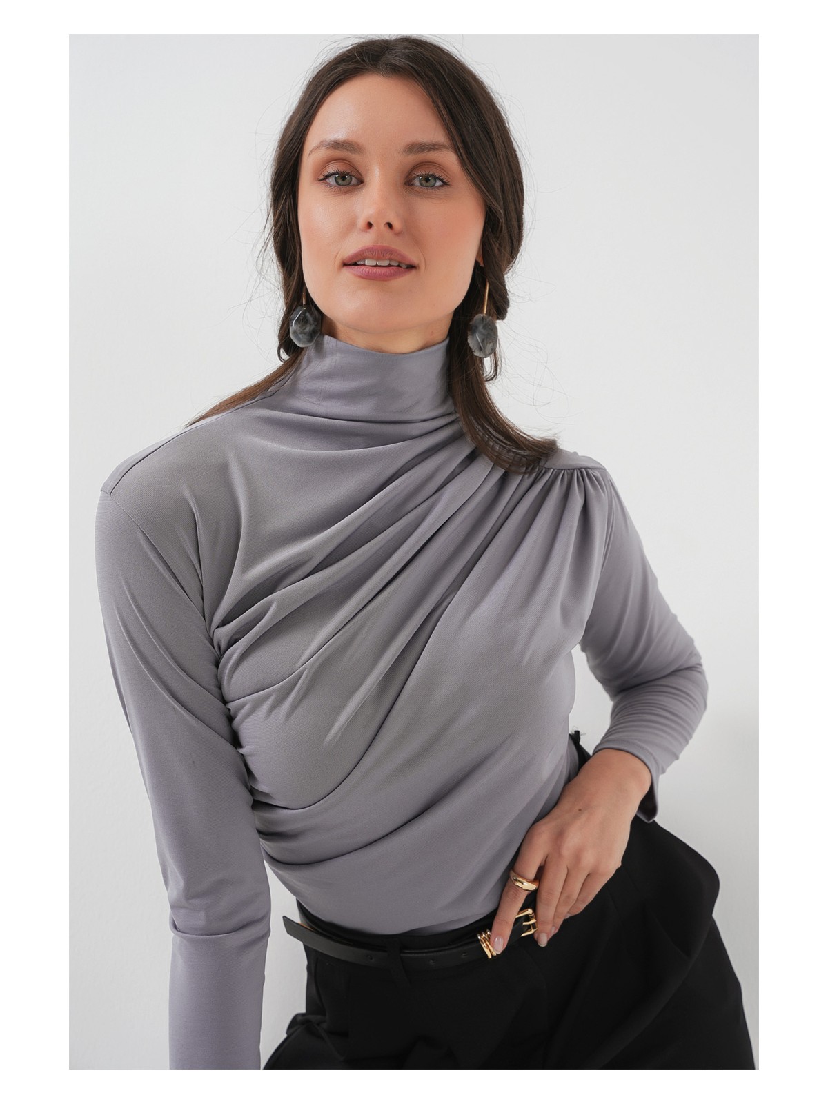 Bigdart 925 Büzgü Detaylı Sandy Bluz - Gri