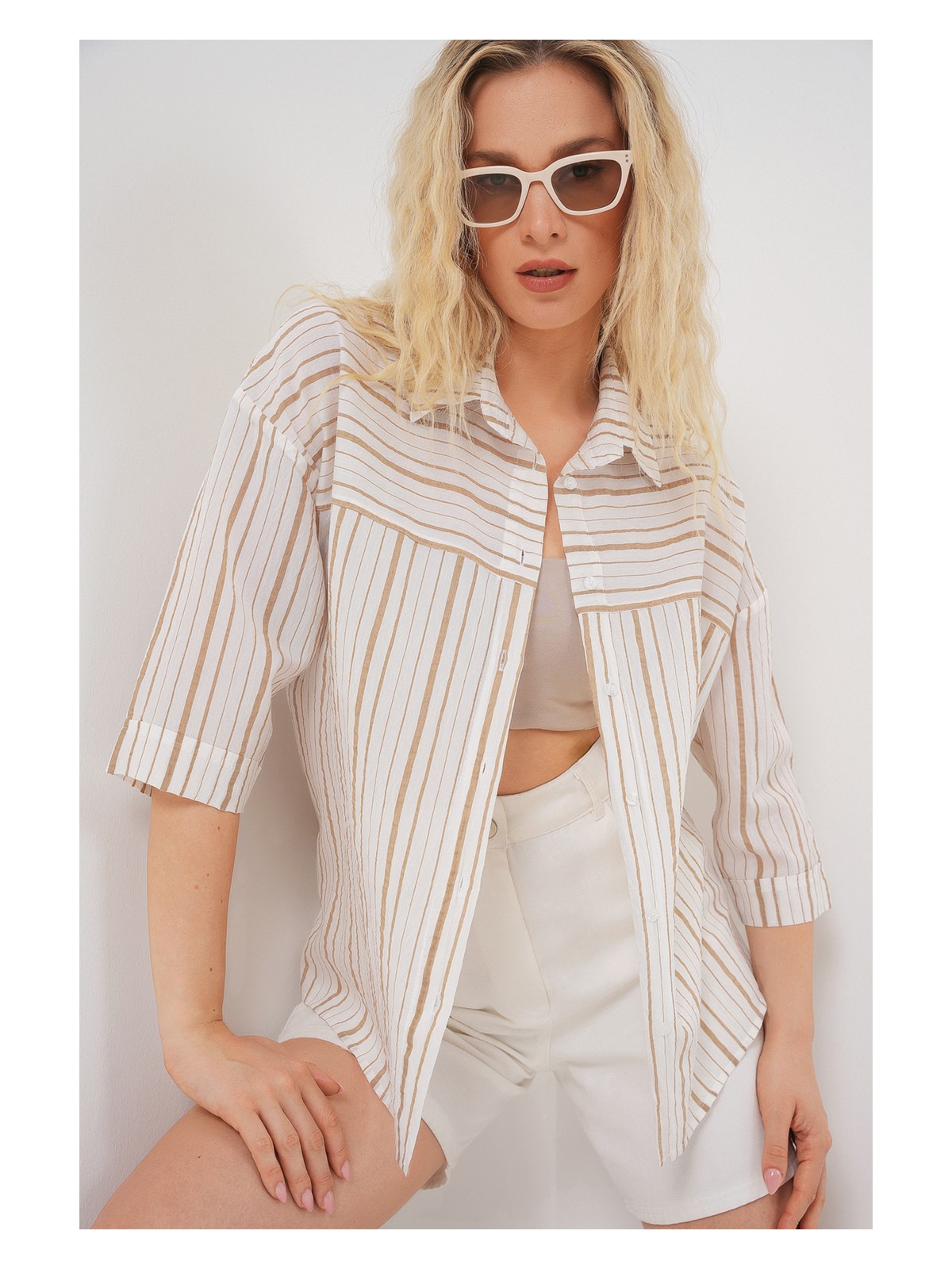 Bigdart Kadın Çizgili Kısa Kol Gömlek 20344 - Mavi - Görsel 5