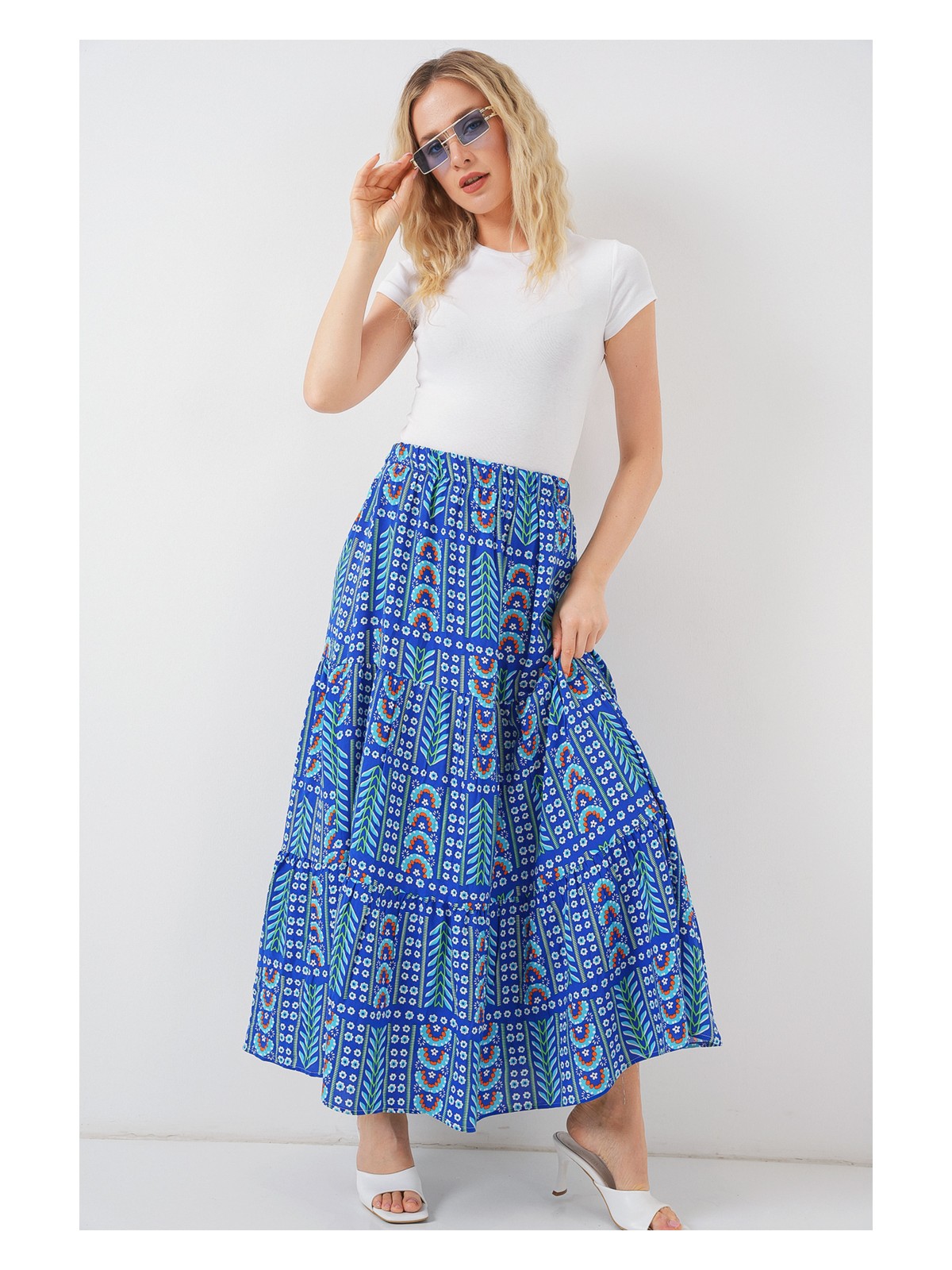 Bigdart Kadın Desenli Uzun Etek 8053 - Saks