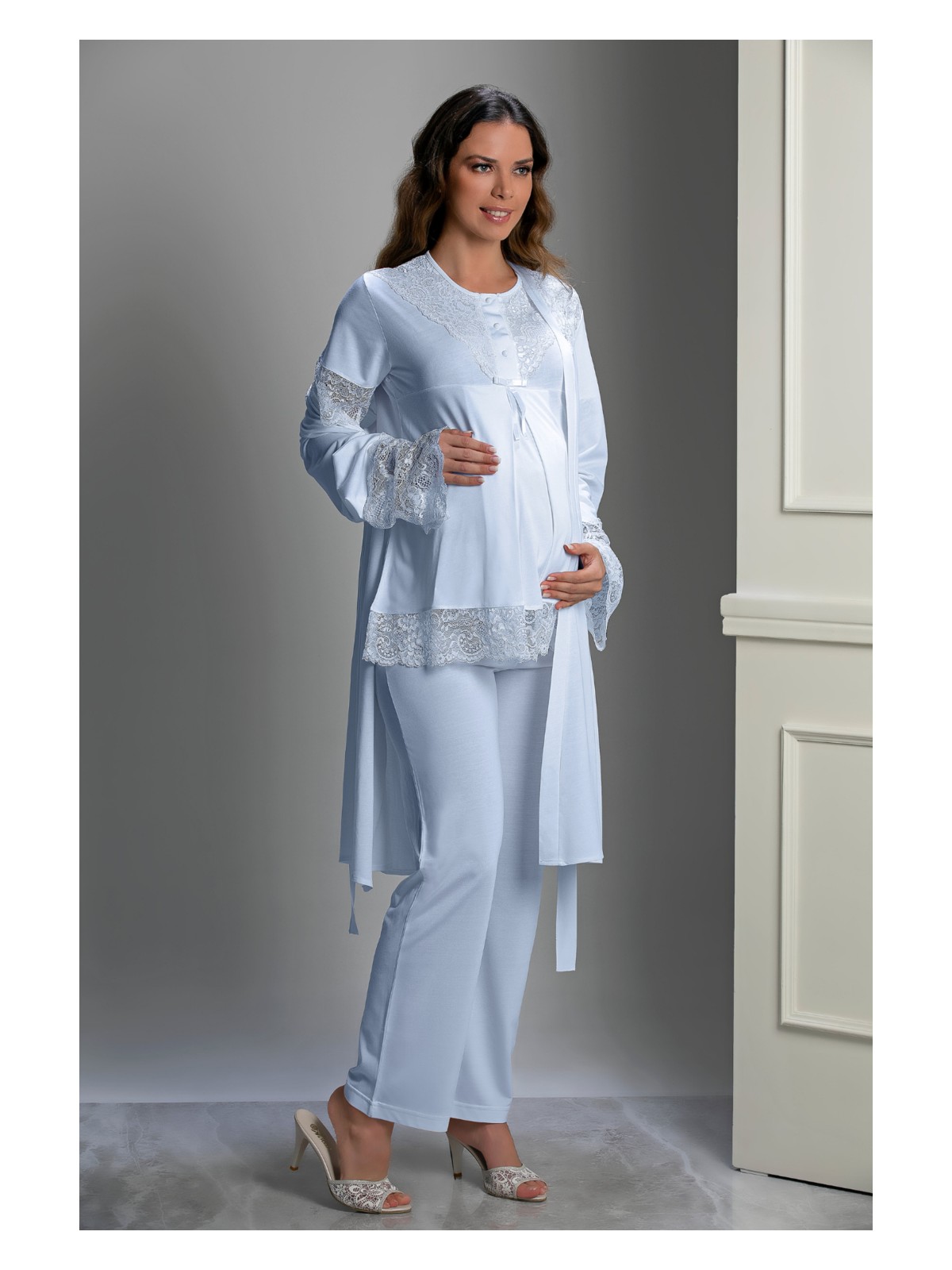 Lorian's Mavi Özel Tasarım Hamile ve Lohusa Pijama Takım 3'lü Set - 2xl