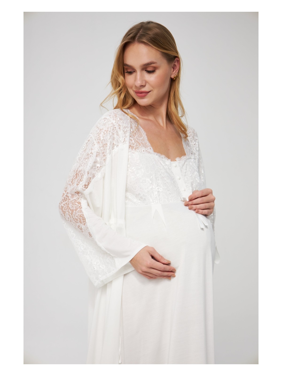 Lorian's Ekru Özel Gecelik Sabahlık Dantelli Düğmeli Kısa Kollu Esnek Kumaşlı Hamile ve Lohusa Pijama Takımı