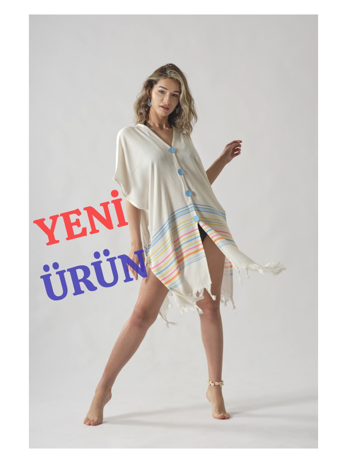 Rozet Tekstil Mavi Düğmeli Pamuklu Yazlık Plaj Elbisesi Standart Beden