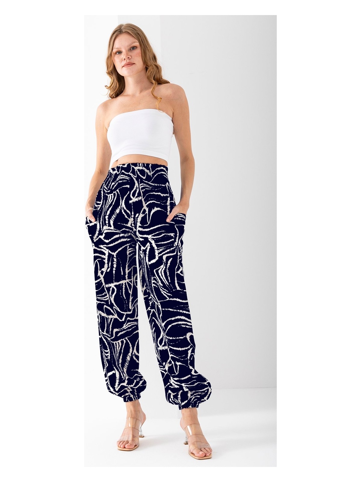 Giysa Mavi Etnik Desenli Kadın Şalvar Yoga Pantolonu %100 Viskon Çift Cepli - 2460 - Görsel 6