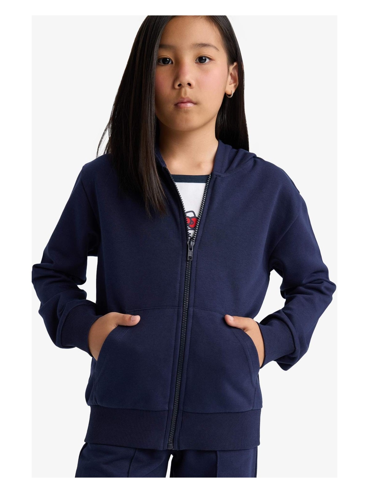 DeFacto Basic Düz Kapüşonlu Okul Fermuarlı Sweatshirt Kız Çocuk C8110A825AU - Görsel 5