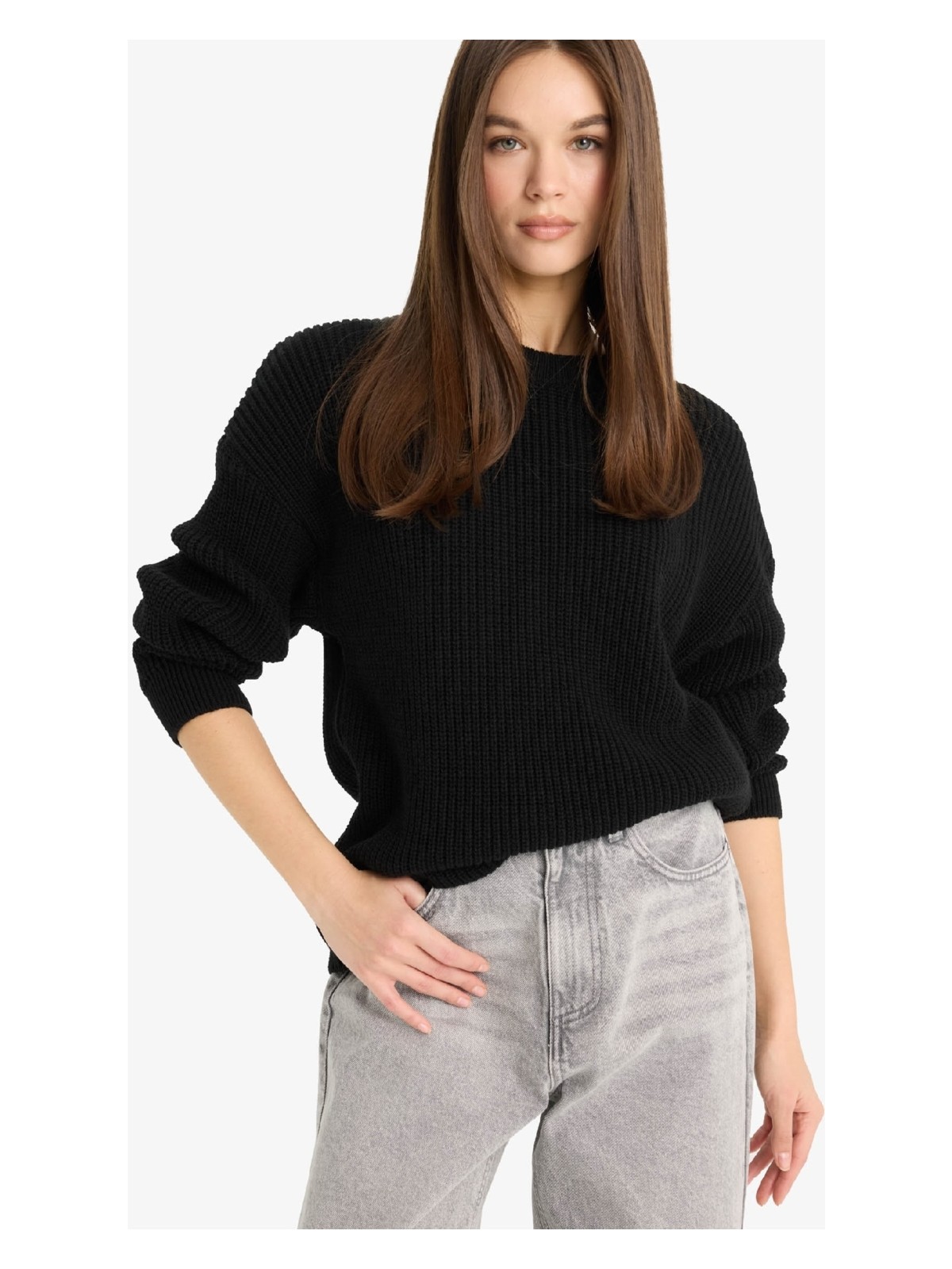 DeFacto Regular Fit Bisiklet Yaka Selanik Kumaş Basic Düz Triko Kazak H6905AZ25WN - Görsel 3