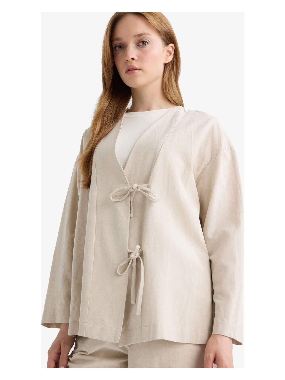 DeFacto Regular Fit V Yaka Keten Karışımlı Kimono F7958AX25AU