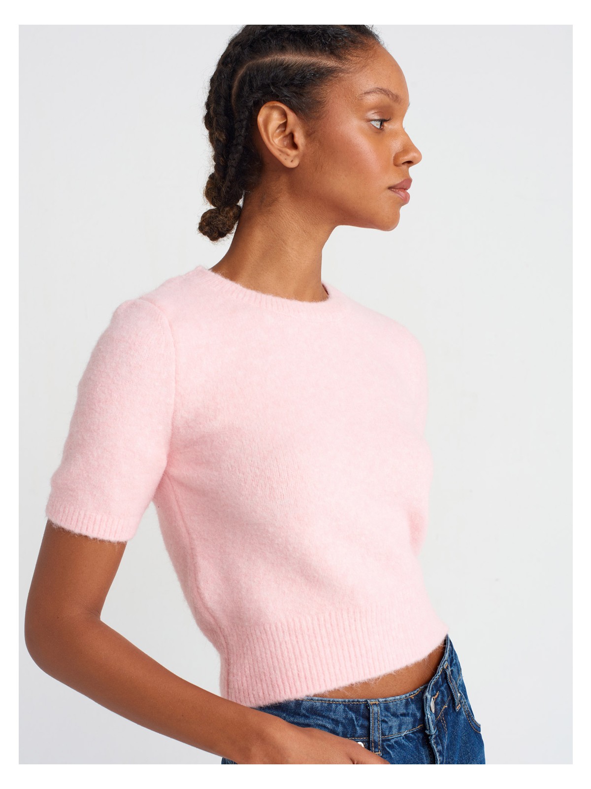 Dilvin 10651 Bisiklet Yaka Yumuşak Dokulu Kısa Kol Triko Kazak-Pembe