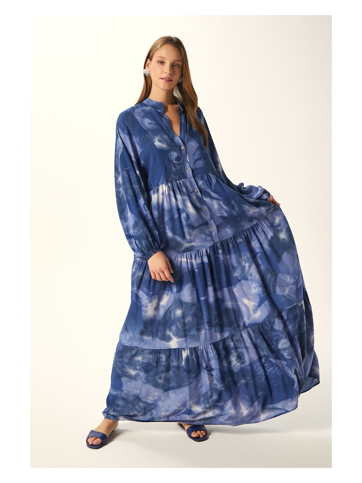 Ritnice Modest Gloria Gece Mavisi Mor %100 Viskon Maksi Boy Katlı Balon Kol Uzun Yazlık Elbise