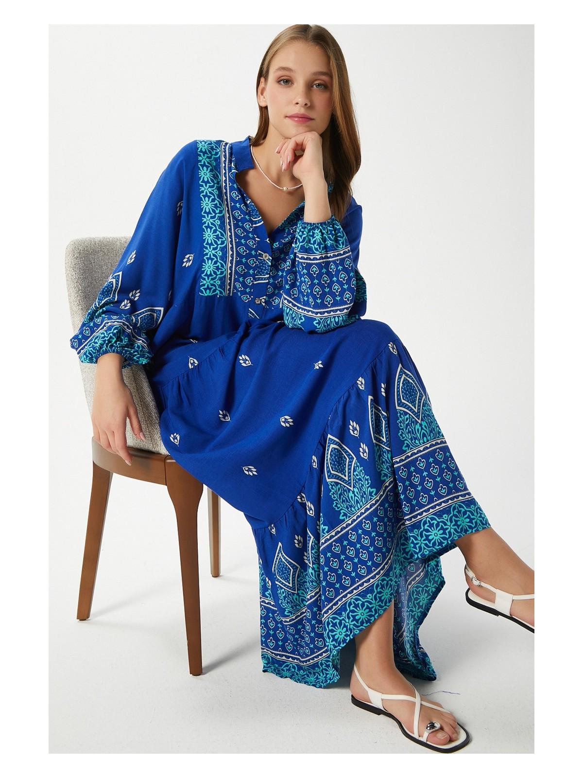 Ritnice Modest Kadın Andrea Mavi %100 Viskon Maksi Boy Yazlık Elbise