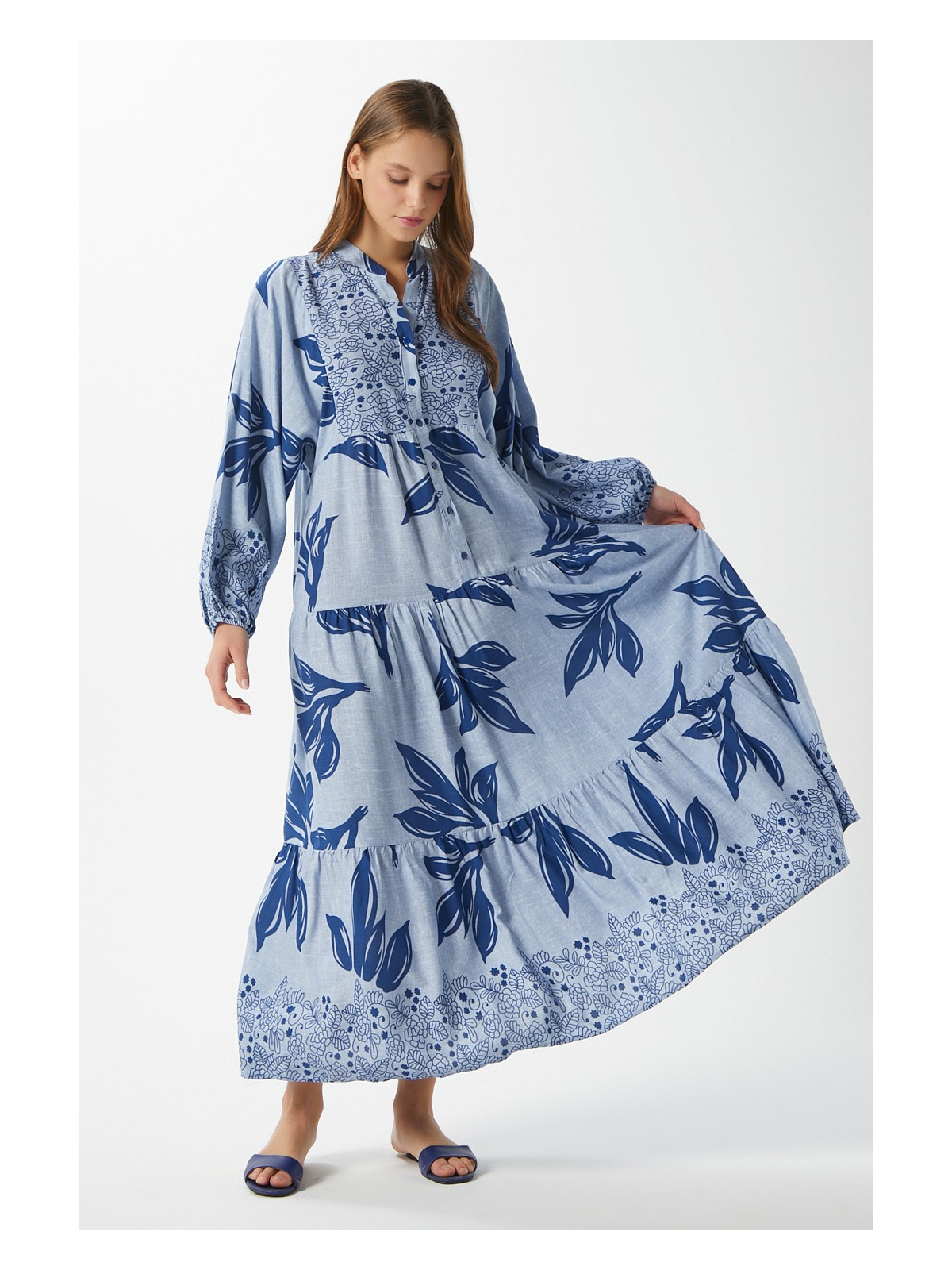 Ritnice Modest Freya Mavi Kadın %100 Viskon Maksi Boy Katlı Balon Kol Uzun Yazlık Elbise