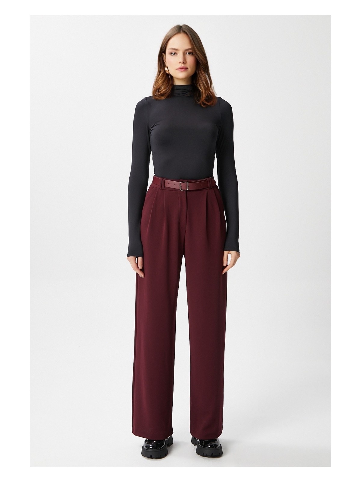 Ritnice Kadın Rena Kemerli Likralı Bordo Palazzo Pantolon