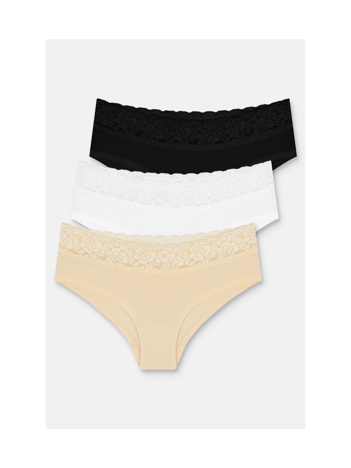 Suwen 3 Lü Pamuklu Brazilian Şort - Siyah/Beyaz/Ten Rengi