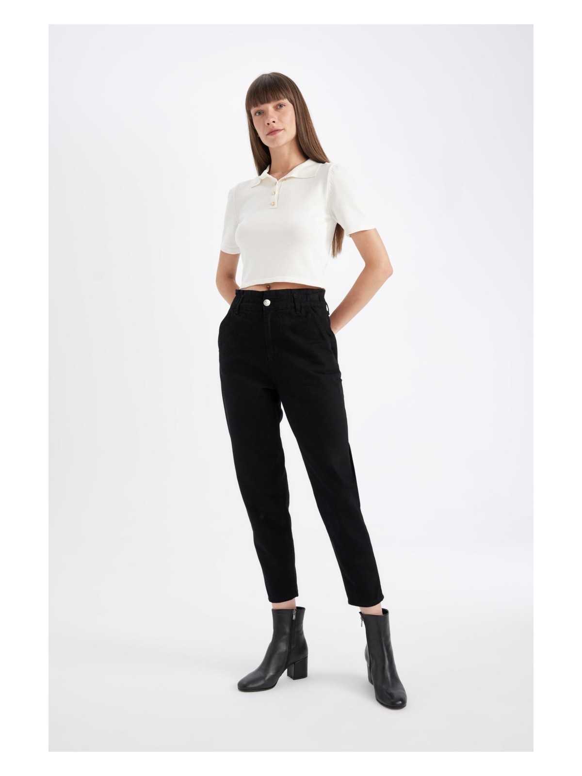 DeFacto Paperbag Gabardin Kumaş Pantolon Yüksek Bel Cepli Basic Düz Standart Paça S2790AZ24WN