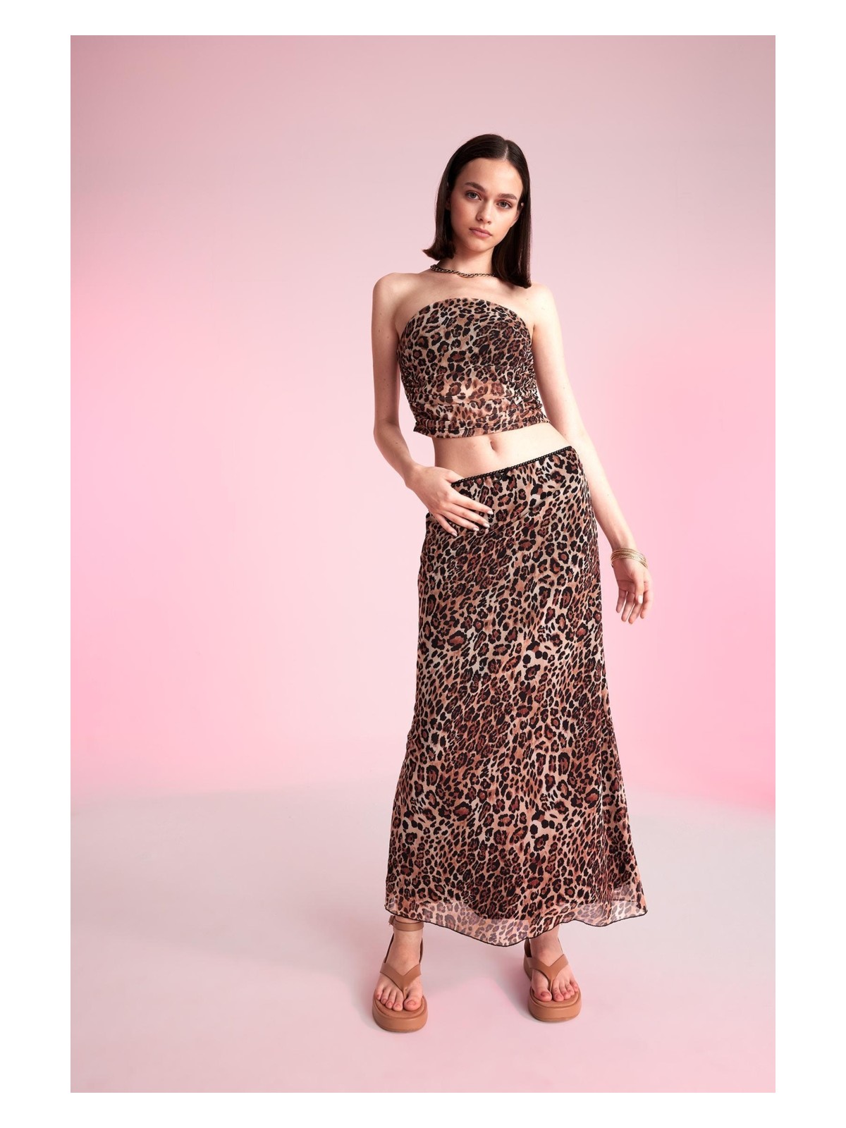 DeFacto A Kesim Leopar Desenli Yüksek Bel Pamuk Astarlı Tül Maxi Etek D4469AX24AU
