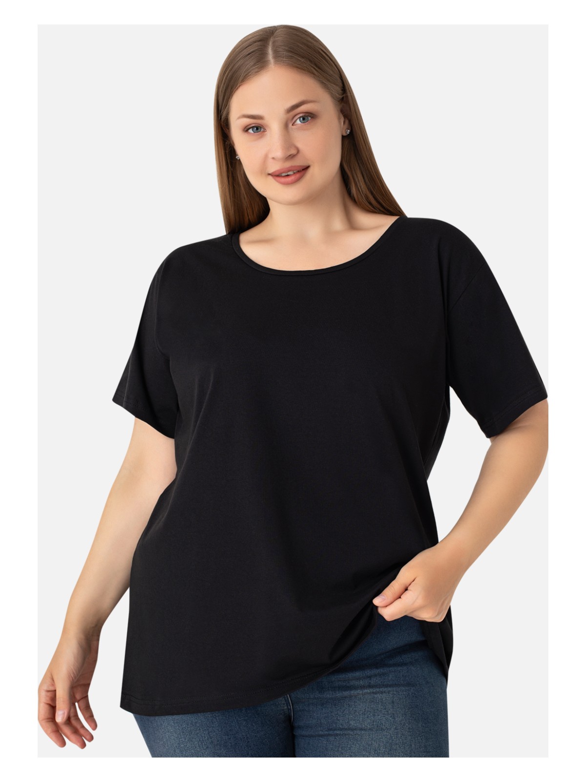 Arma Yıldız Kadın Siyah Büyük Beden Bisiklet Yaka Pamuklu Likralı Esnek Kısa Kollu Tişört