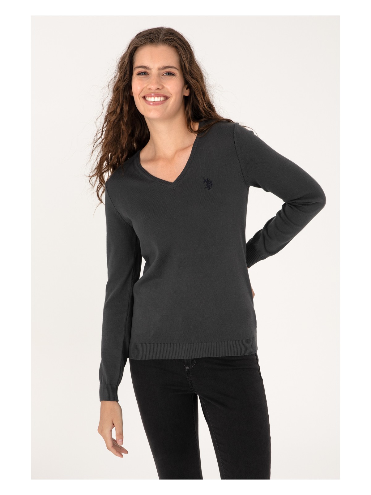 U.S. Polo Assn. Kadın Antrasit V Yaka Basic Kazak 50313590-VR006