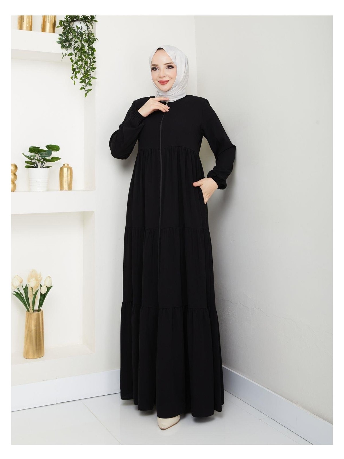 Eslemnur Üç Katlı Büzgü Detaylı Medine Ipeği Ferace