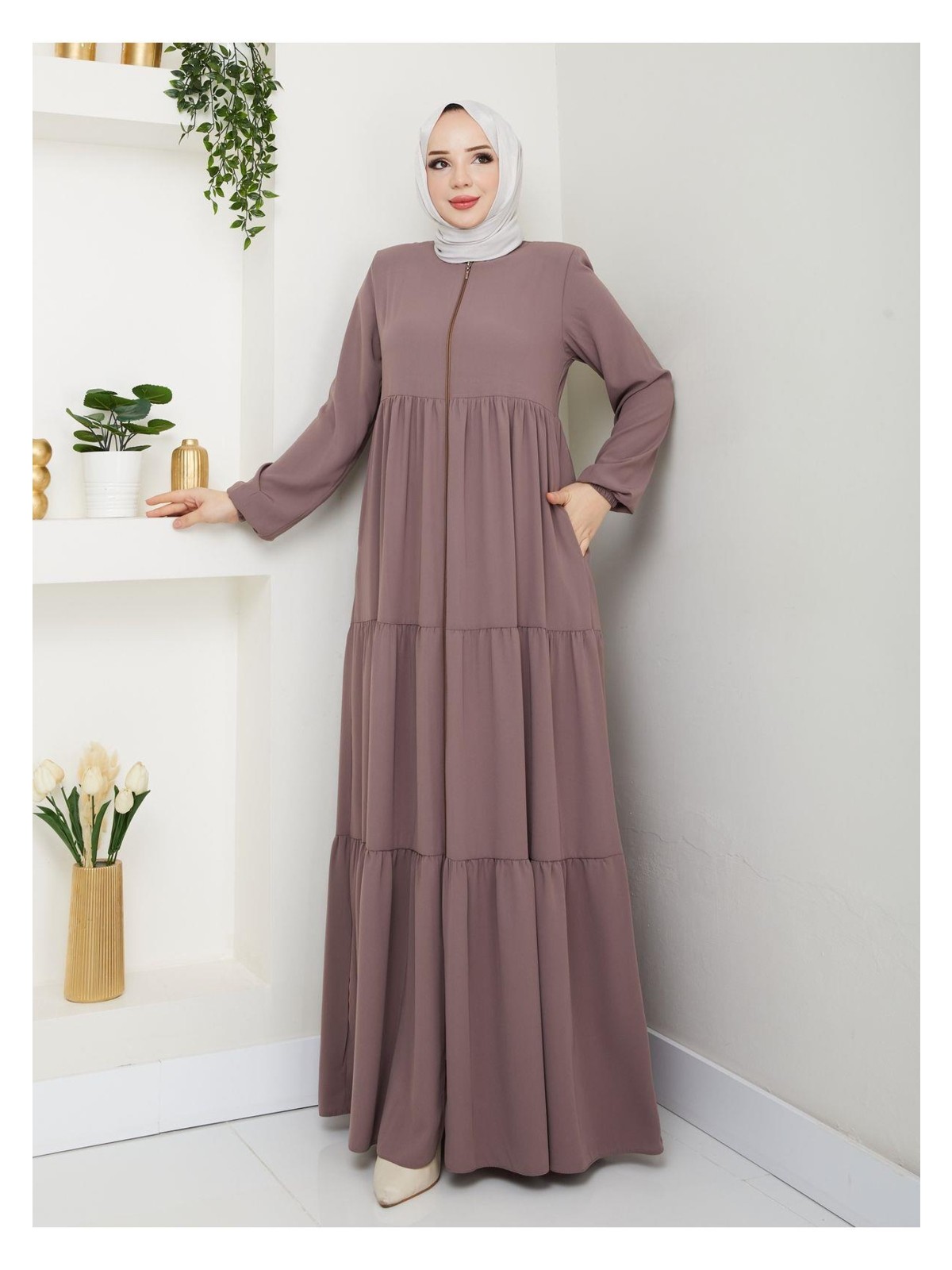 Eslemnur Üç Katlı Büzgü Detaylı Medine Ipeği Ferace - Görsel 3