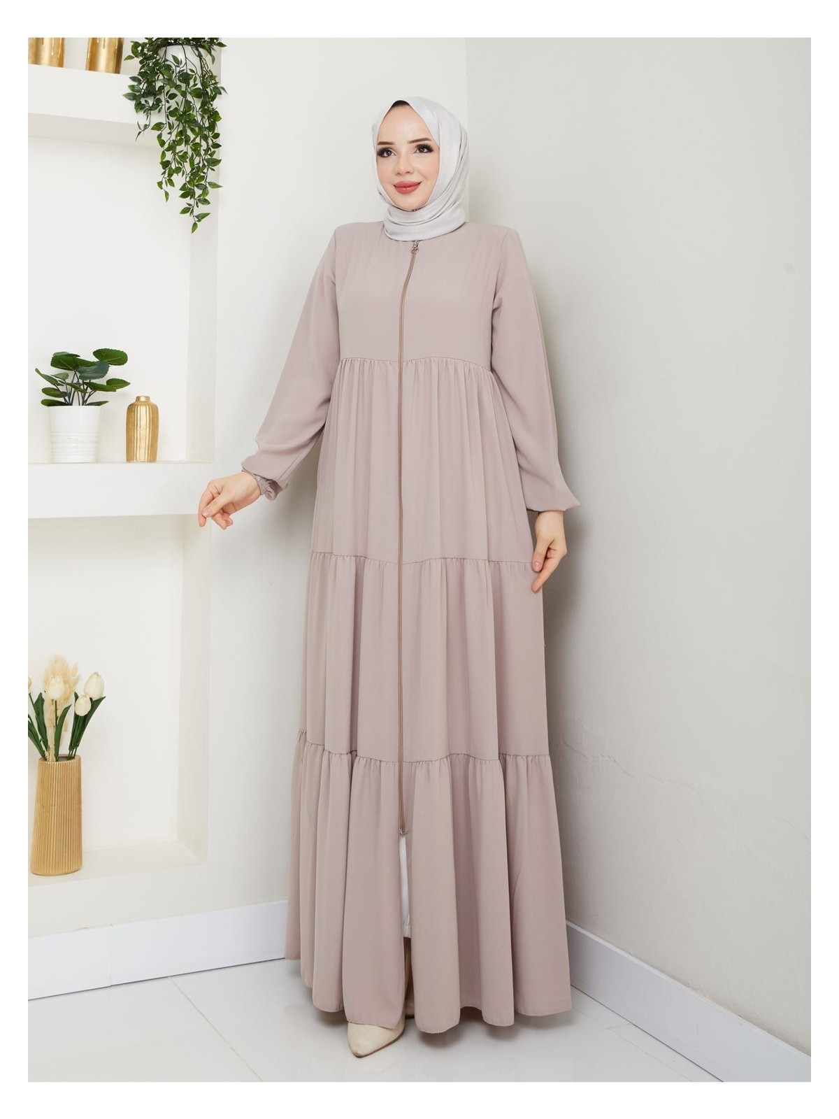 Eslemnur Üç Katlı Büzgü Detaylı Medine Ipeği Ferace - Görsel 7