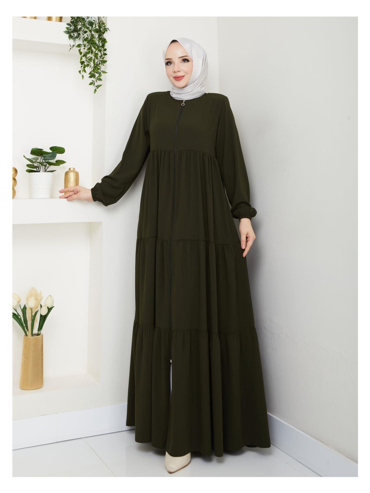 Eslemnur Üç Katlı Büzgü Detaylı Medine Ipeği Ferace - Görsel 6