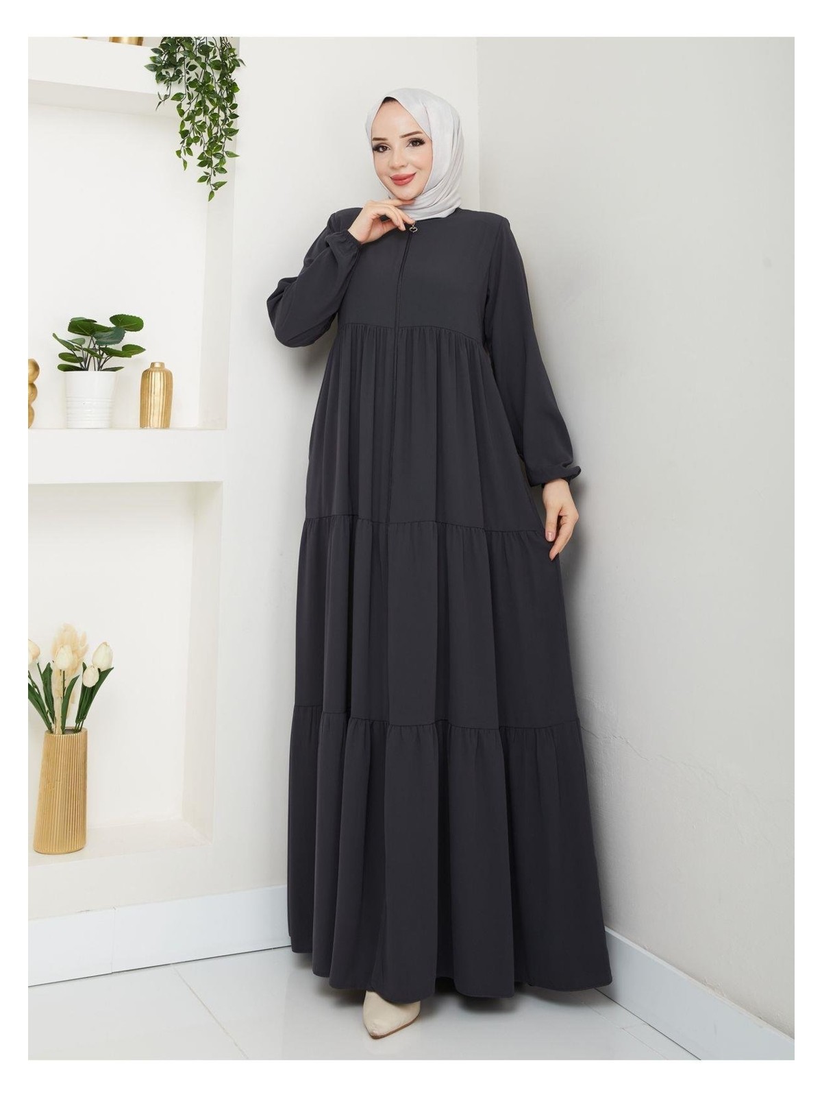 Eslemnur Üç Katlı Büzgü Detaylı Medine Ipeği Ferace - Görsel 4