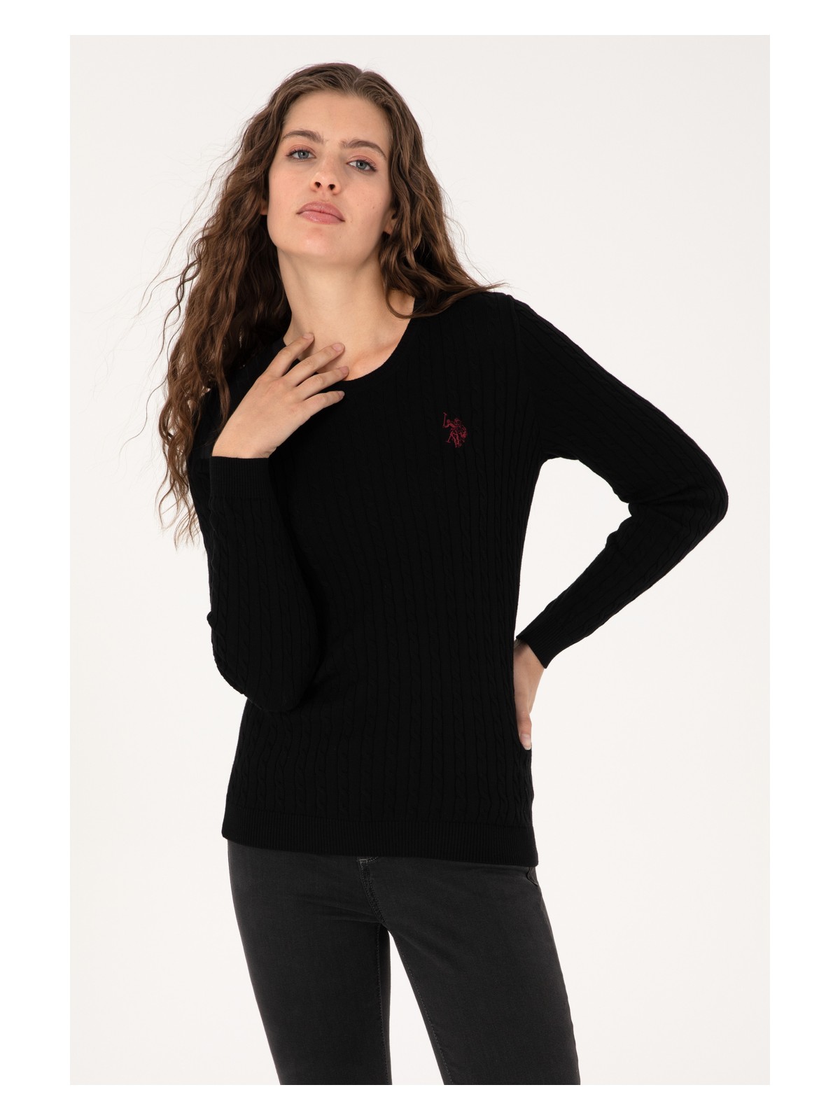 U.S. Polo Assn. Kadın Siyah Bisiklet Yaka Basic Kazak 50313626-VR046