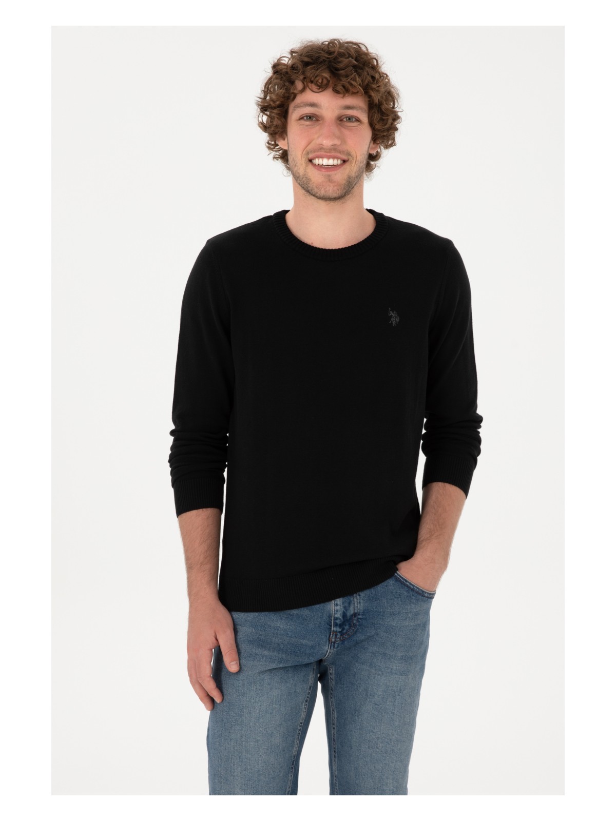 U.S. Polo Assn. Erkek Slim Fit Bisiklet Yaka Siyah Basic Kazak 50313713-VR046