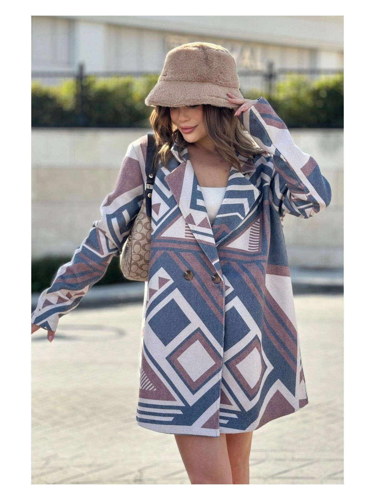 New Laviva Kadın Kahve Desenli Astarlı, Kruvaze Ceket Yaka, Tek Düğme, Rahat Kalıp, Fitilli Kaşe Kumaş Kaban