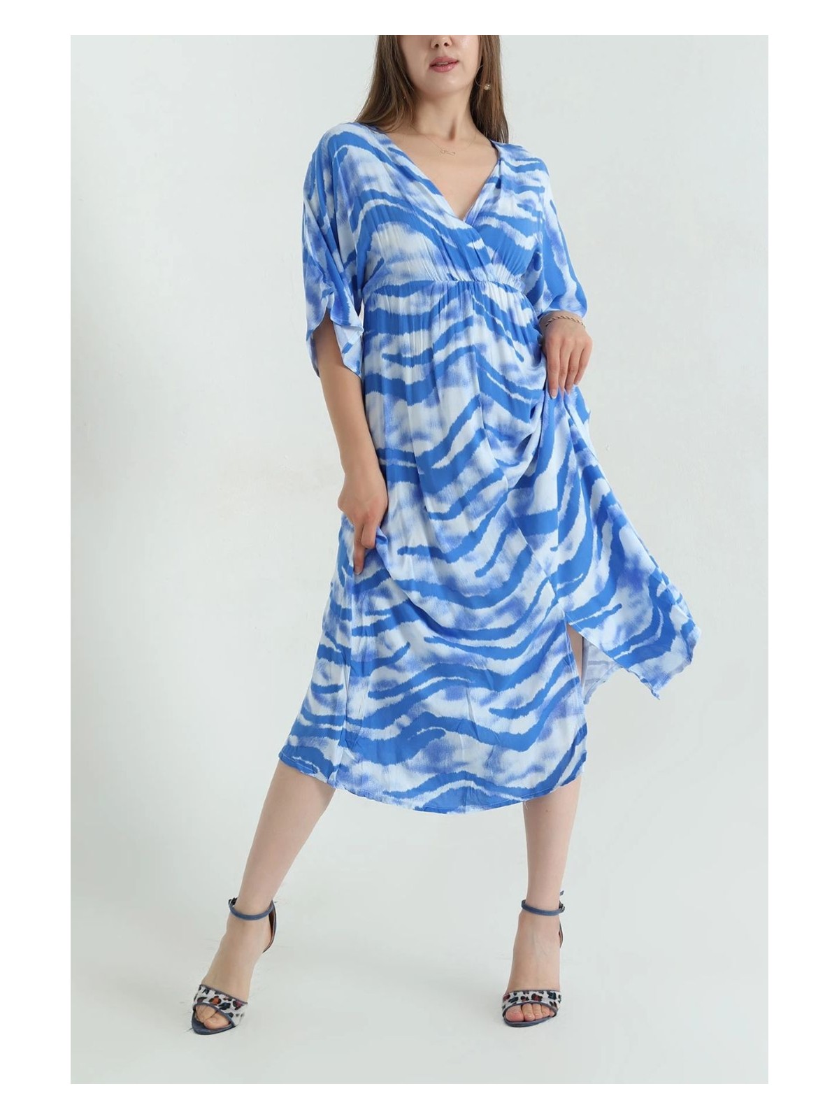 Moda Ulu Kruvaze Yaka Yırtmaçlı Dokuma Viskon Kadın Elbise (120 Cm) - Görsel 3