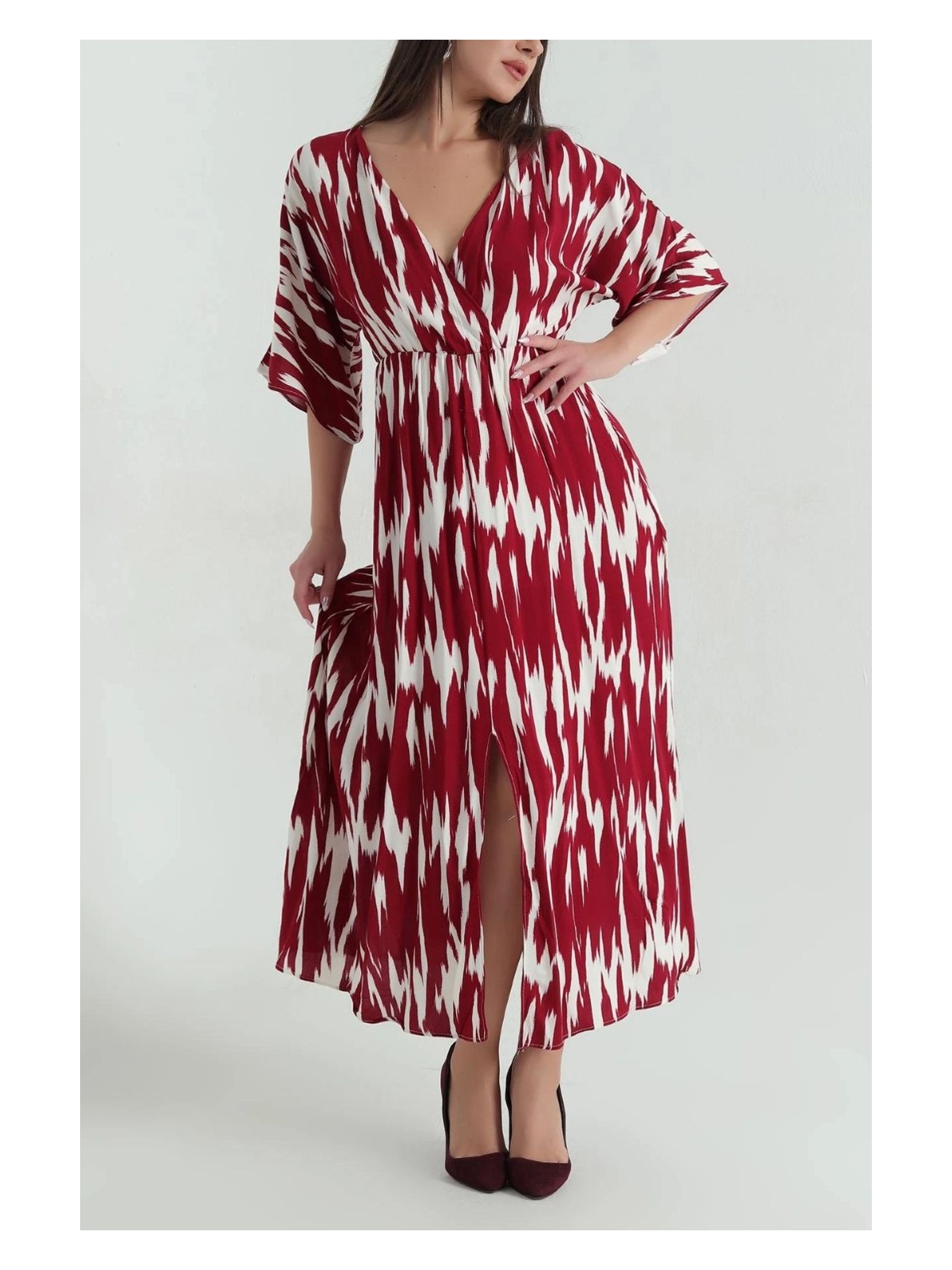 Moda Ulu Kruvaze Yaka Yırtmaçlı Dokuma Viskon Kadın Elbise (120 Cm)