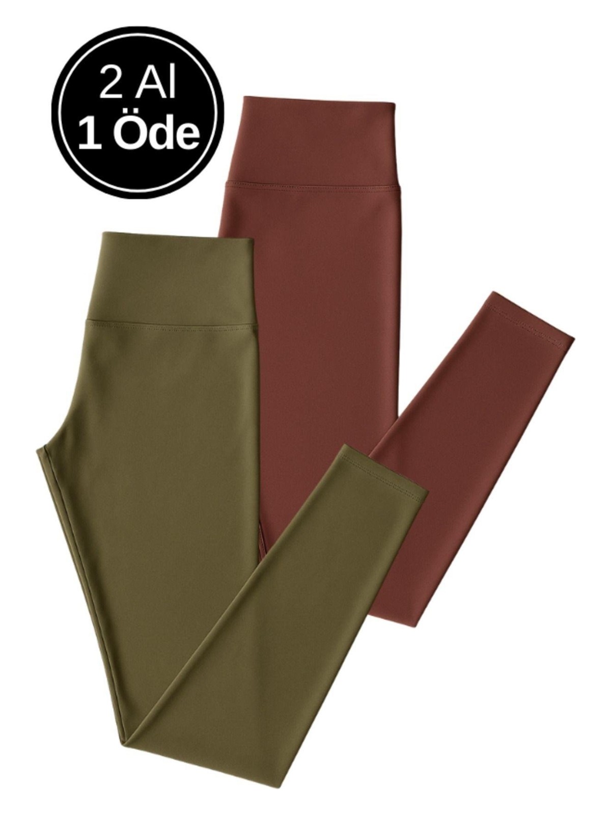 Rich Kadın 2'li Paket Uzun Tayt Haki - Mor Yüksek Bel Toparlayıcı Esnek Günlük Ve Spor Uzun Tayt