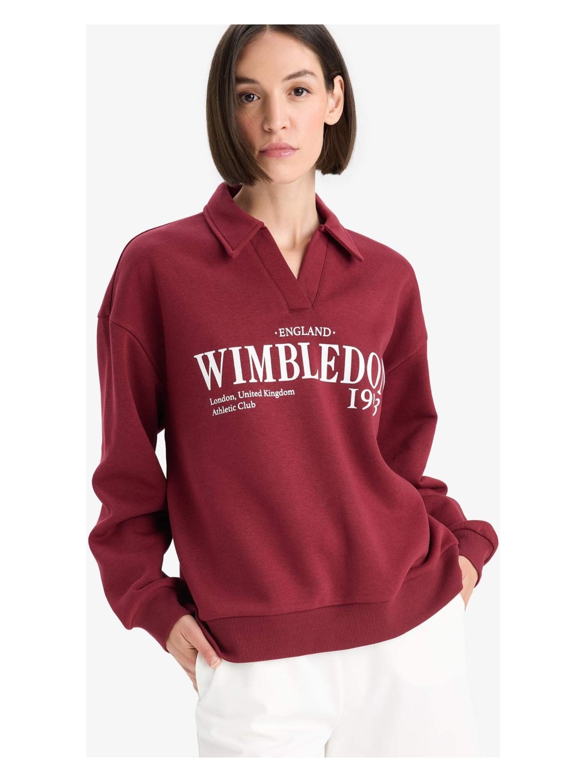 DeFacto Relax Fit Polo Yaka Baskılı Kalın Sweatshirt F1063AX25AU