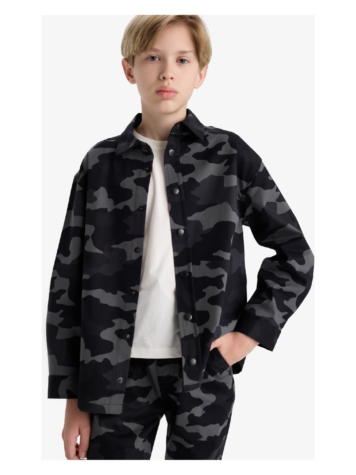 DeFacto Oversize Geniş Kalıp Polo Yaka Kamuflaj Desenli Gabardin Uzun Kollu Gömlek Erkek Çocuk F1507A825AU