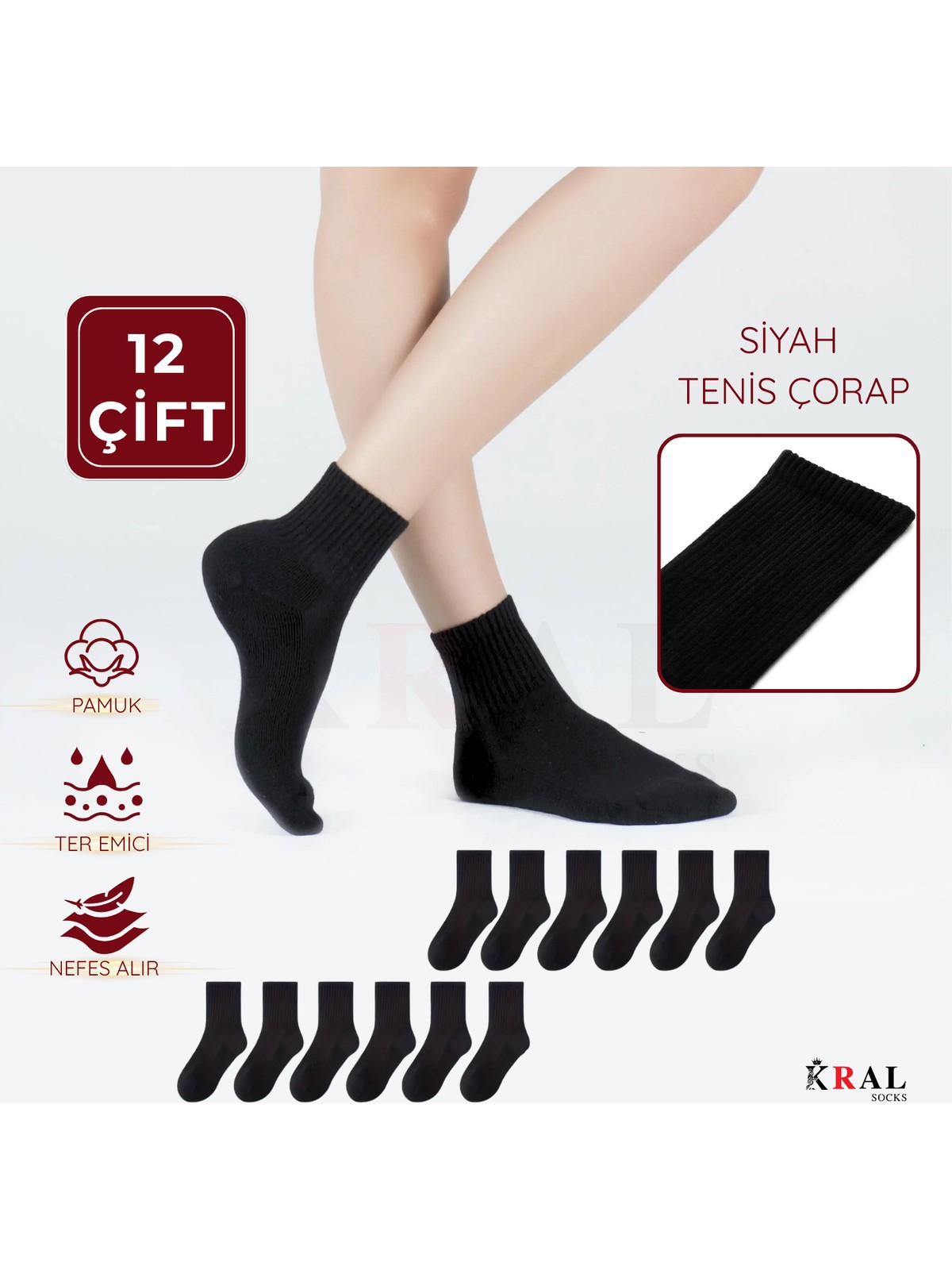 Kral Socks 12 Çift Unisex Spor Tenis Kolej Çorabı – Pamuklu Nefes Alabilen Rahat Çorap Seti - Görsel 4