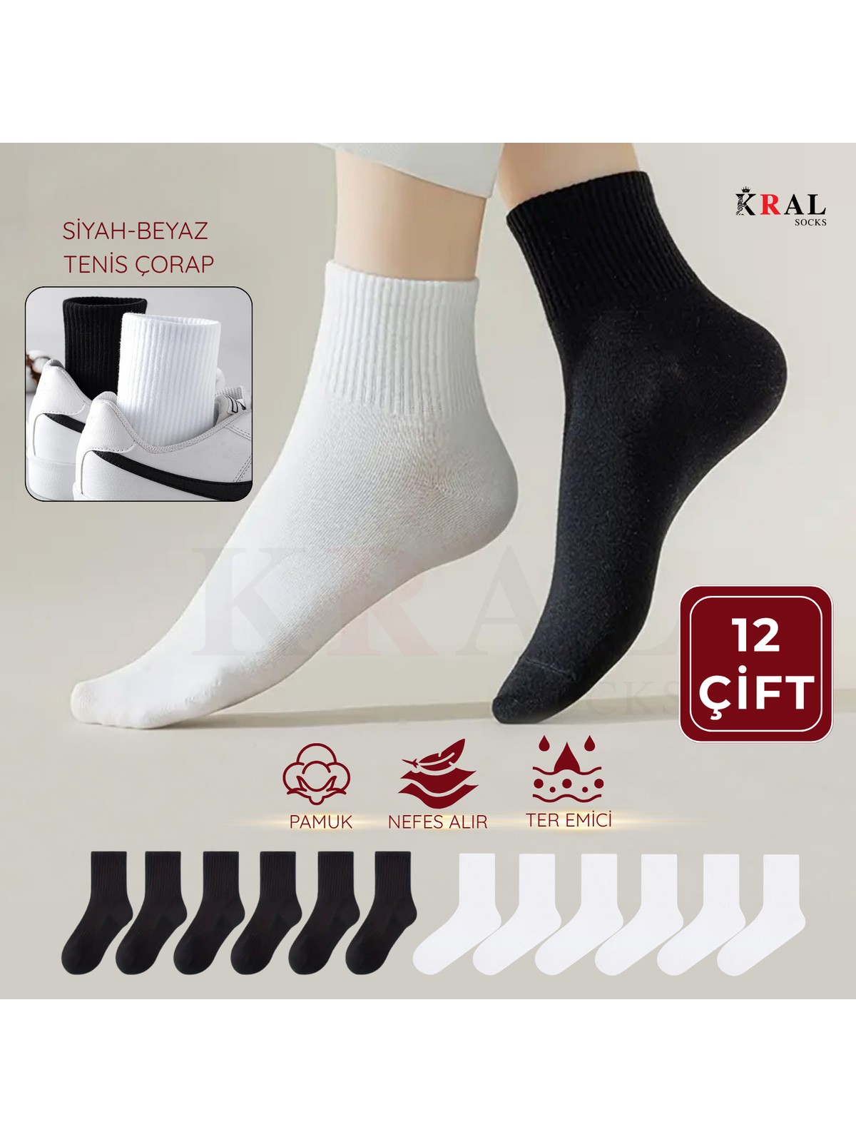 Kral Socks 12 Çift Unisex Spor Tenis Kolej Çorabı – Pamuklu Nefes Alabilen Rahat Çorap Seti