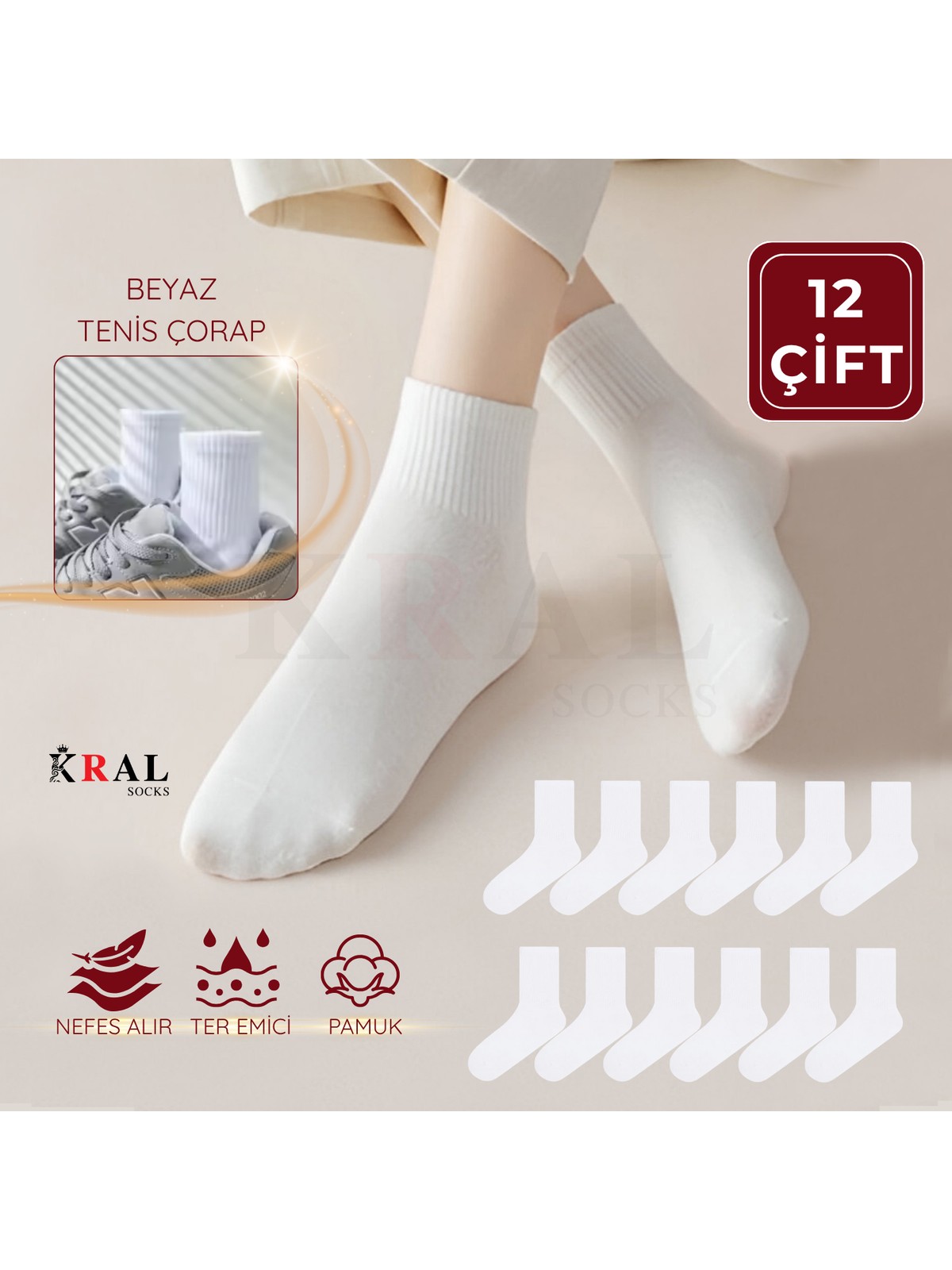 Kral Socks 12 Çift Unisex Spor Tenis Kolej Çorabı – Pamuklu Nefes Alabilen Rahat Çorap Seti - Görsel 6