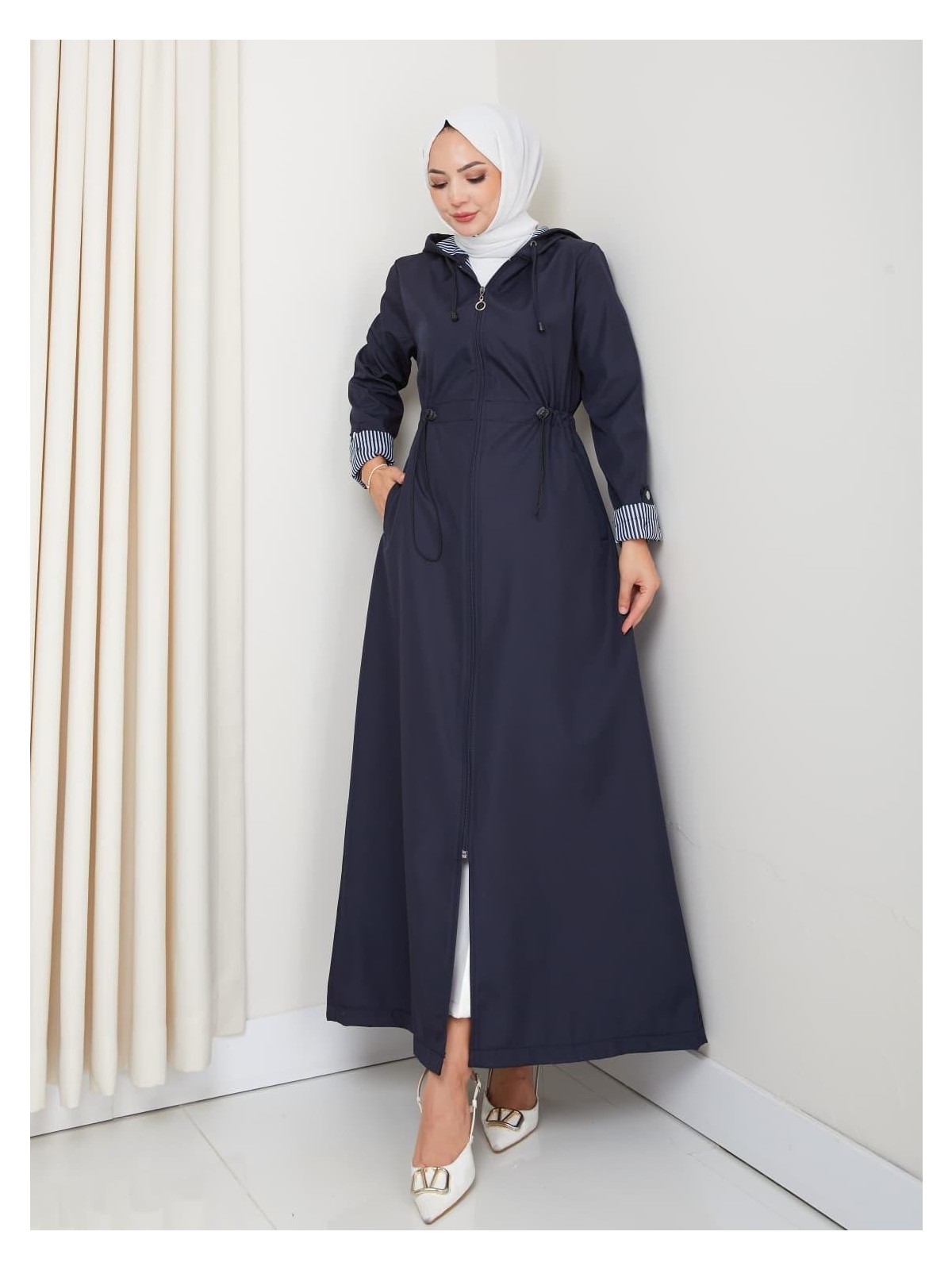 Harma Time Butik Kadın Kapüşonlu Çizgi Detaylı Taba Bondit Kap - Görsel 3