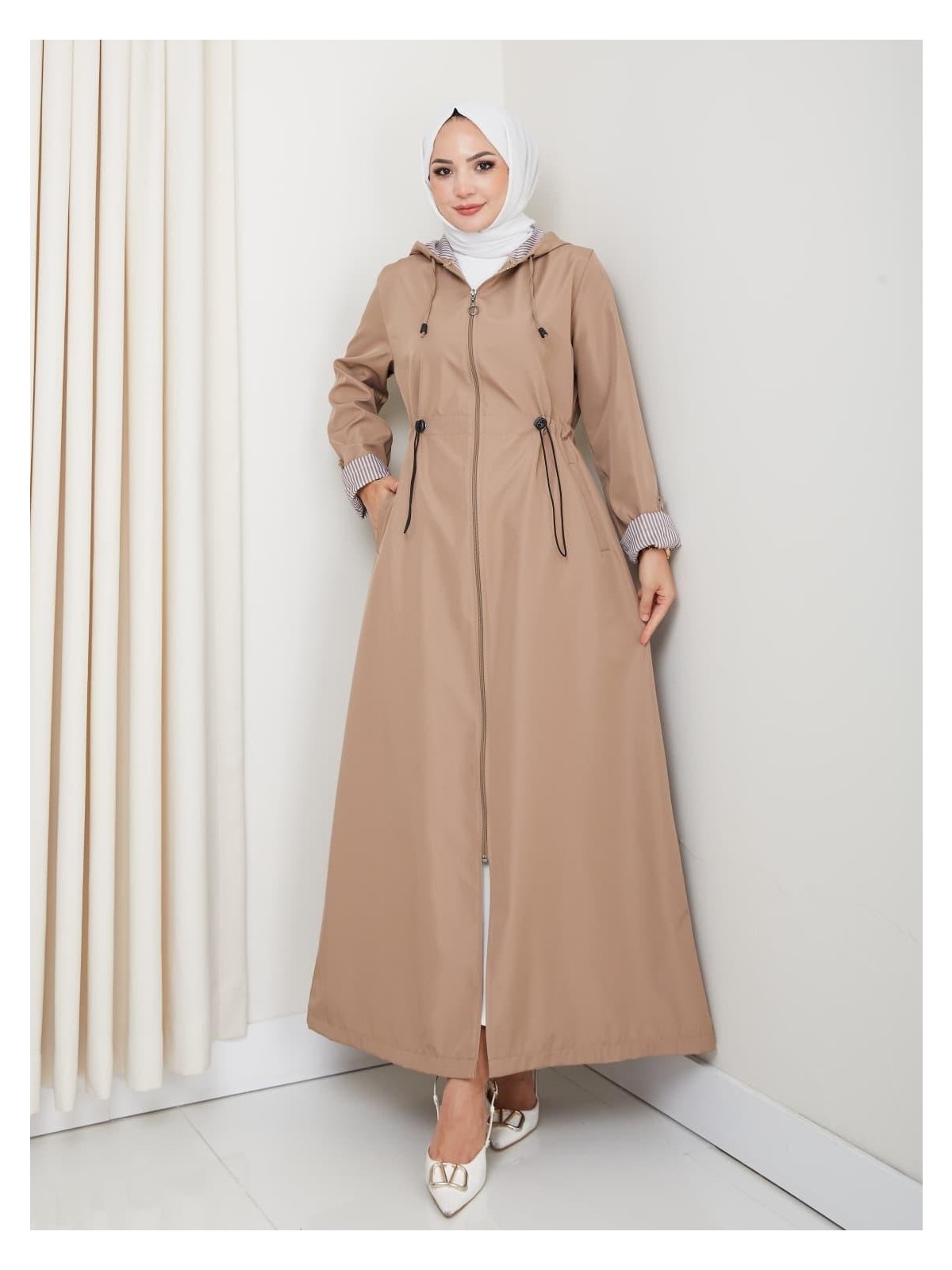 Harma Time Butik Kadın Kapüşonlu Çizgi Detaylı Taba Bondit Kap - Görsel 4