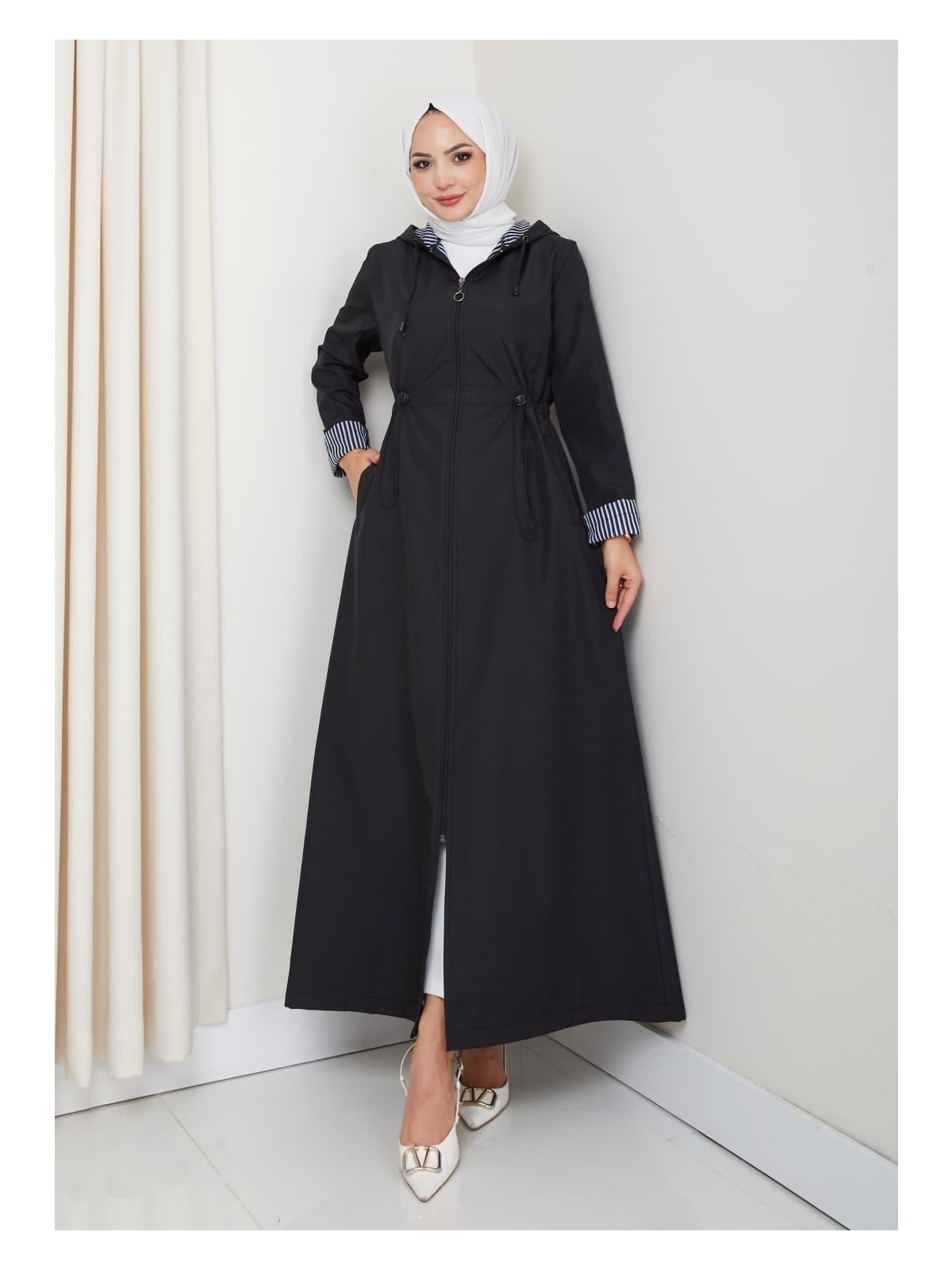 Harma Time Butik Kadın Kapüşonlu Çizgi Detaylı Taba Bondit Kap - Görsel 5