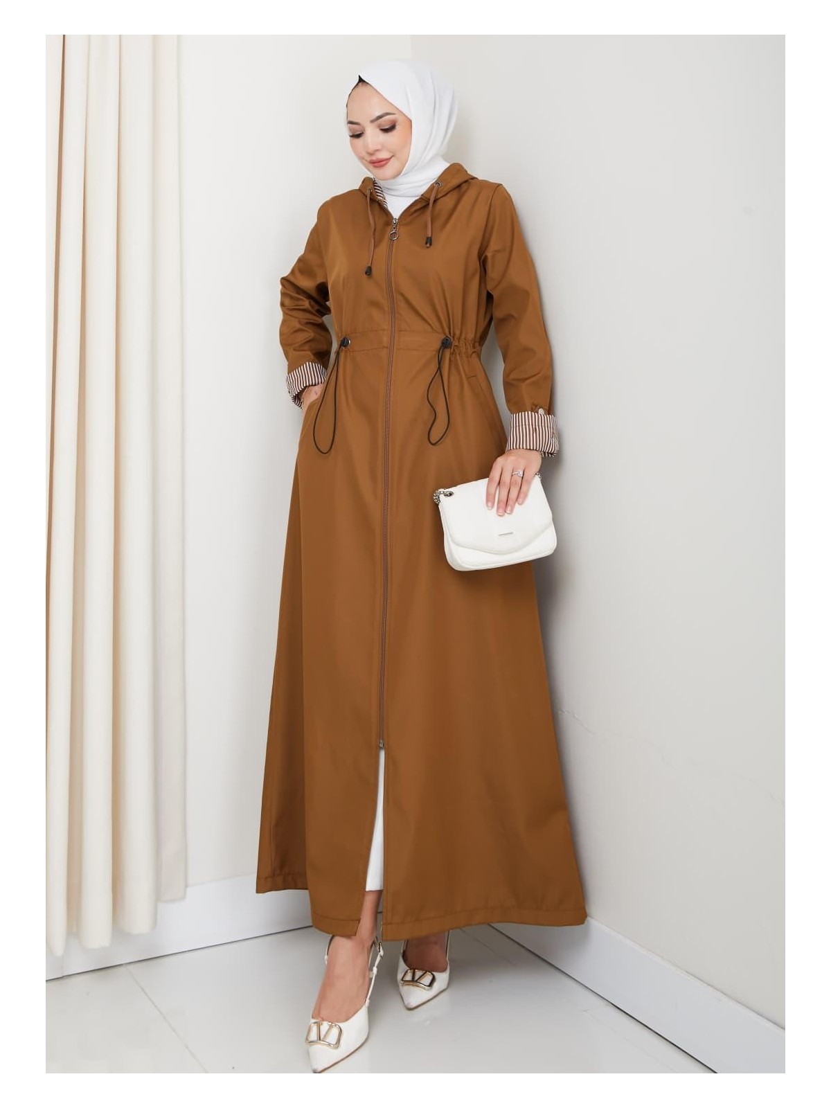 Harma Time Butik Kadın Kapüşonlu Çizgi Detaylı Taba Bondit Kap