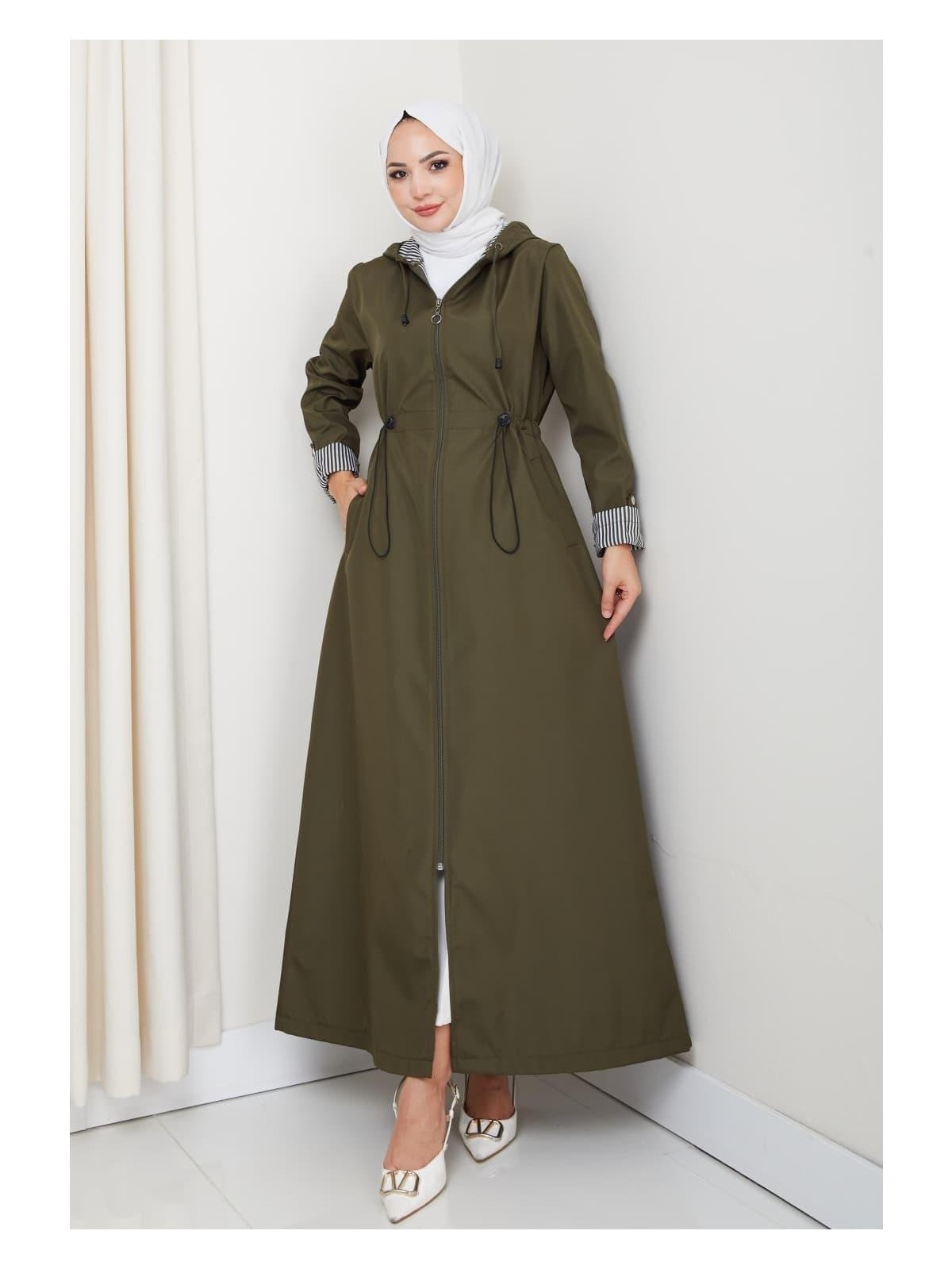 Harma Time Butik Kadın Kapüşonlu Çizgi Detaylı Taba Bondit Kap - Görsel 6