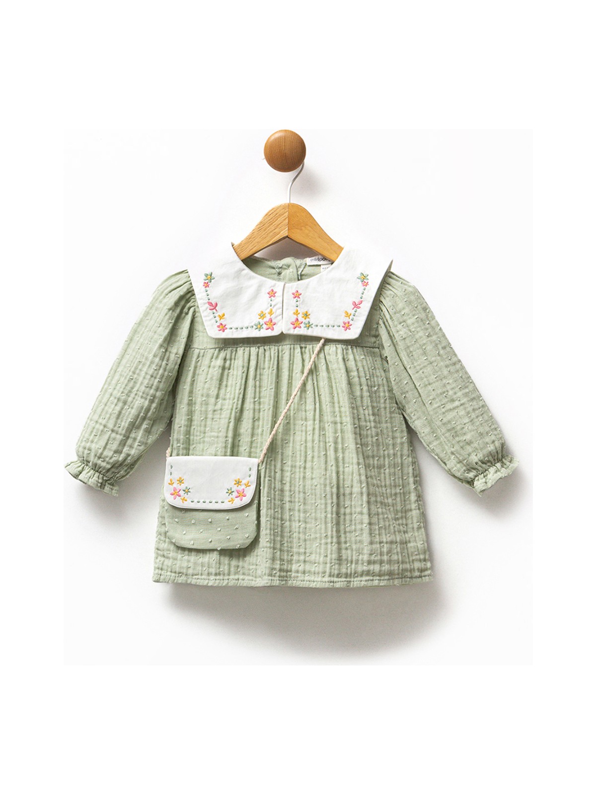 Minipodyum Kız Bebek Nakışlı Bebe Yaka Müslin %100 Pamuk Çantalı Elbise - Görsel 4