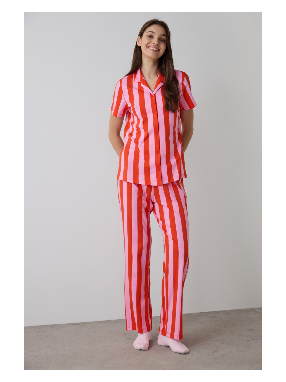 Penti Mercan Chill Days Çizgili Gömlek Yaka Pamuklu Kısa Kollu Pijama Takımı