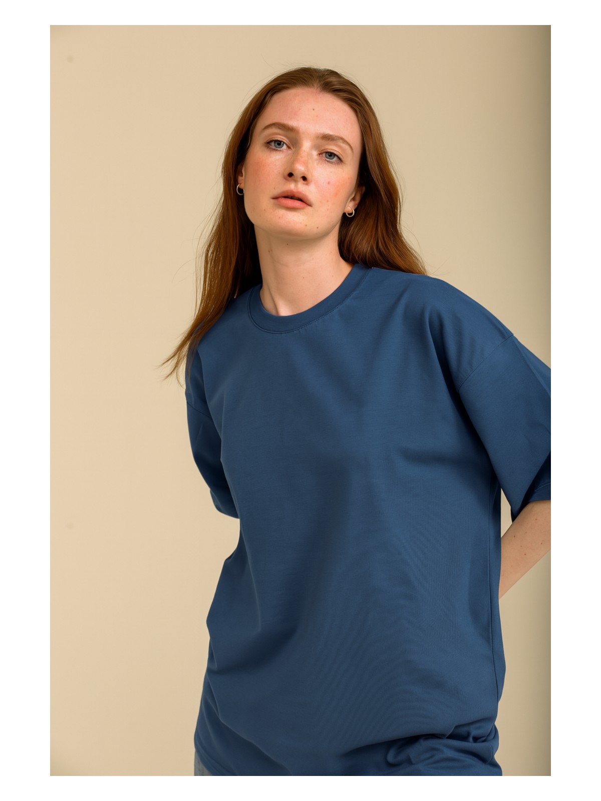 Guaraz Kadın Kırmızı Oversize Bisiklet Yaka %100 Pamuk Düz Basic Yazlık T-Shirt - Görsel 7