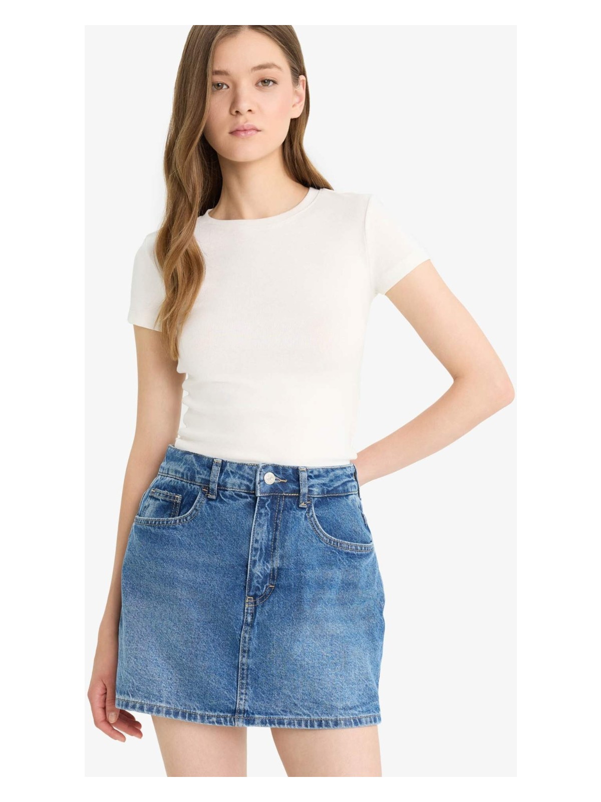 DeFacto Fitted Bisiklet Yaka Ribana Kısa Kollu Tişört E0288AX25AU - Görsel 3