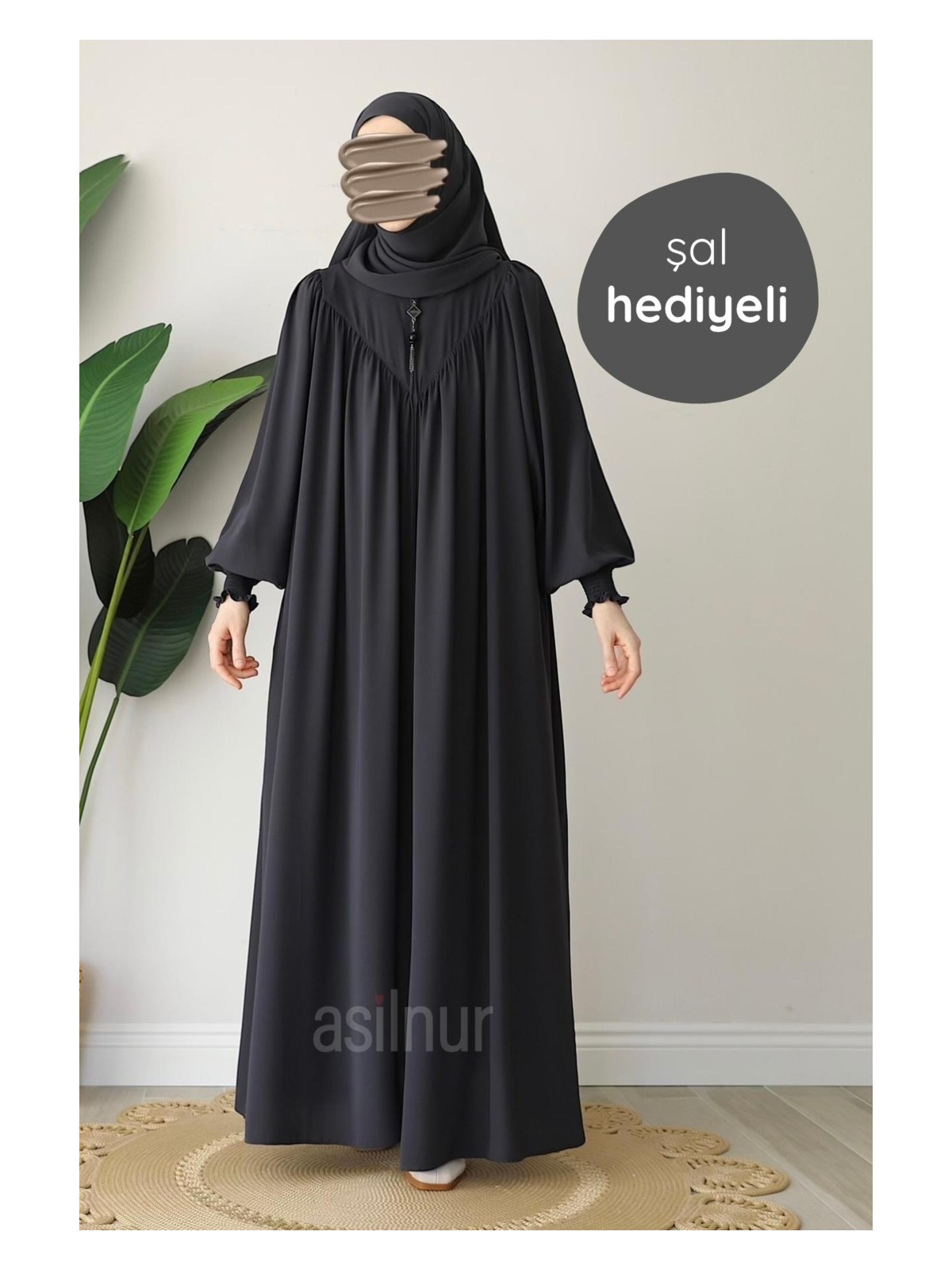 Asilnur Moda Elif Ferace Şal Hediyeli Takım Siyah - Görsel 5