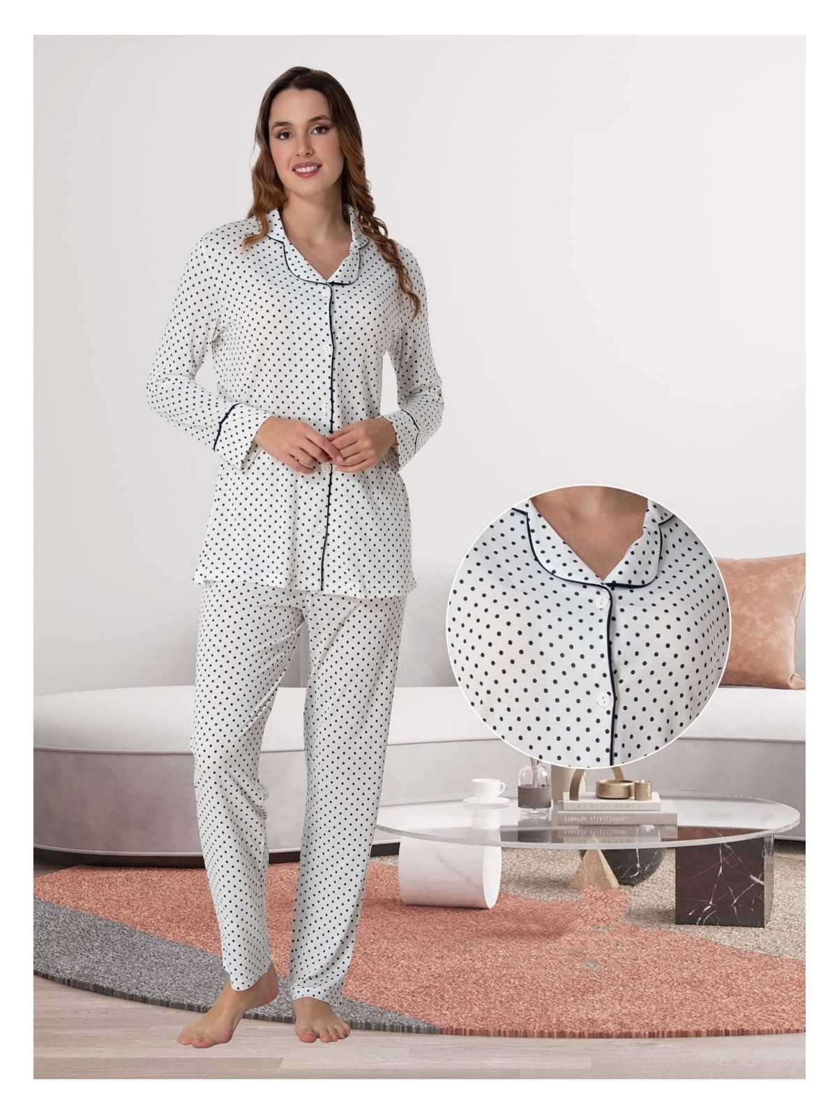 Effortt Dvina Effortt Lohusa Beyaz Puantiyeli Pijama Takımı Lacivert - 6018 - Görsel 5